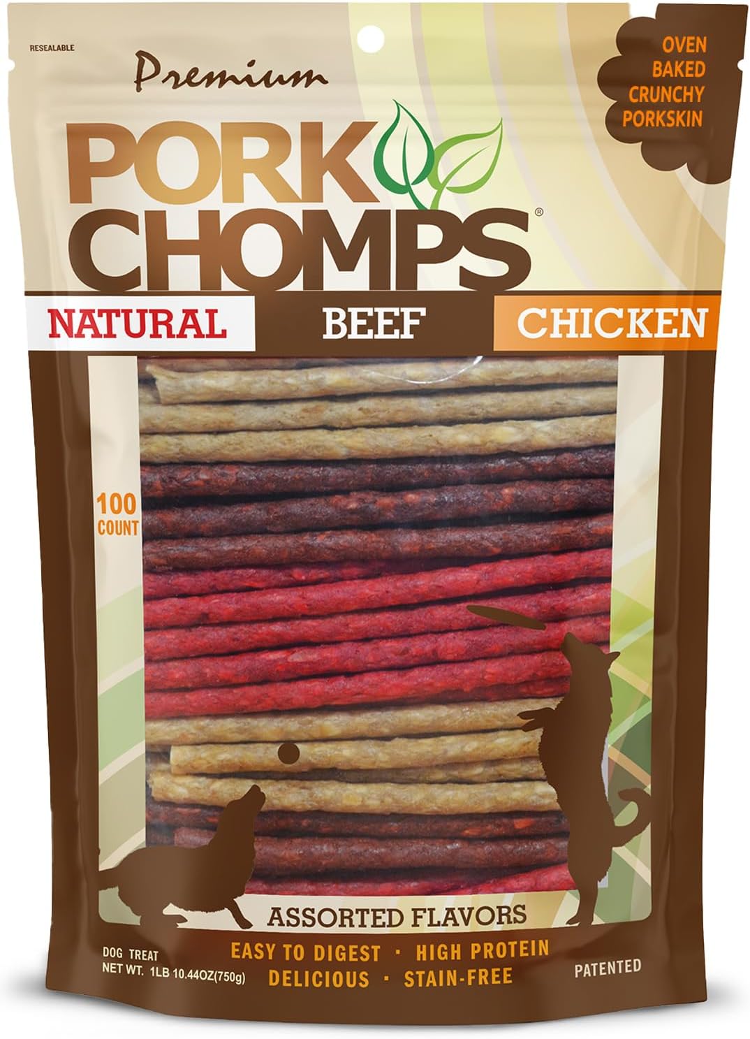 Pork Chomps Dog Chews, 5 in Munchy Sticks, Assorted Flavors, 50 Count | Oven-baked from real pork skin - a rawhide-free chew that's low in fat, high in protein, and easy to digest