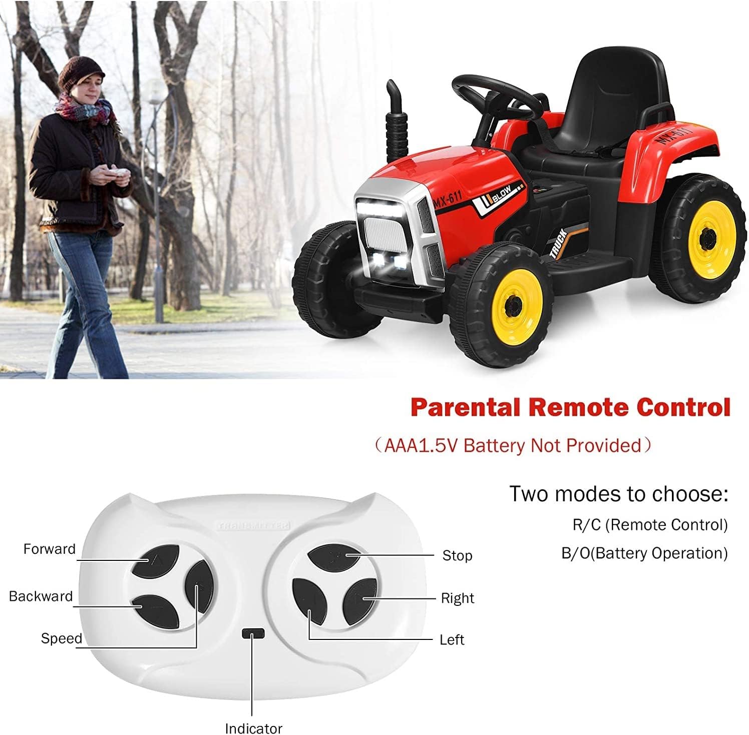 Costzon Ride on Tractor with Detachable Trailer, Kids' Electric Vehicles w/3-Gear-Shift Ground Loader, Wireless Design & USB, 7 LED Headlights