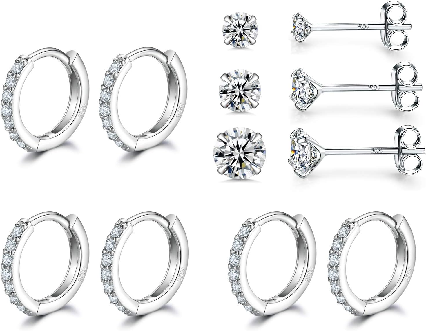 Dlihc 6 Pairs Sterling Silver Hoop and Stud Earrings Set for Women Men