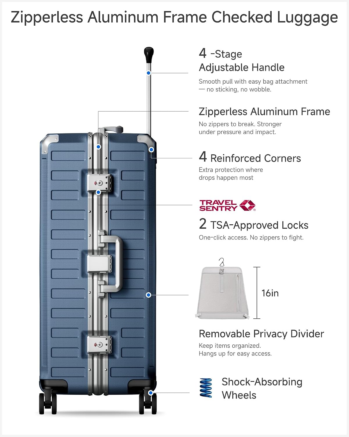 LUGGEX Zipperless Checked Suitcase, Aluminum Frame, Charcoal Metallic, 28" | Checked Luggage, 100% PC Hard Shell, 8010S Aluminum Frame, 8 Spinner Wheels, TSA Lock, Hard Shell, ZX-Core