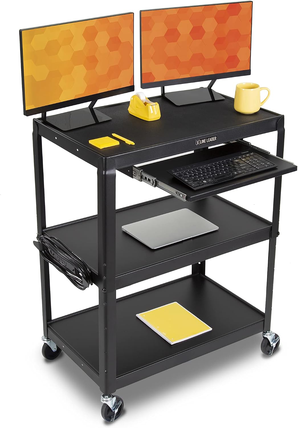 Line Leader AV Cart w/Locking Cabinet, Black Metal Utility Cart with Storage Shelf - Height Adjustable, Mobile and Great for Offices, Classrooms, Libraries (Black, 24in x 18in)