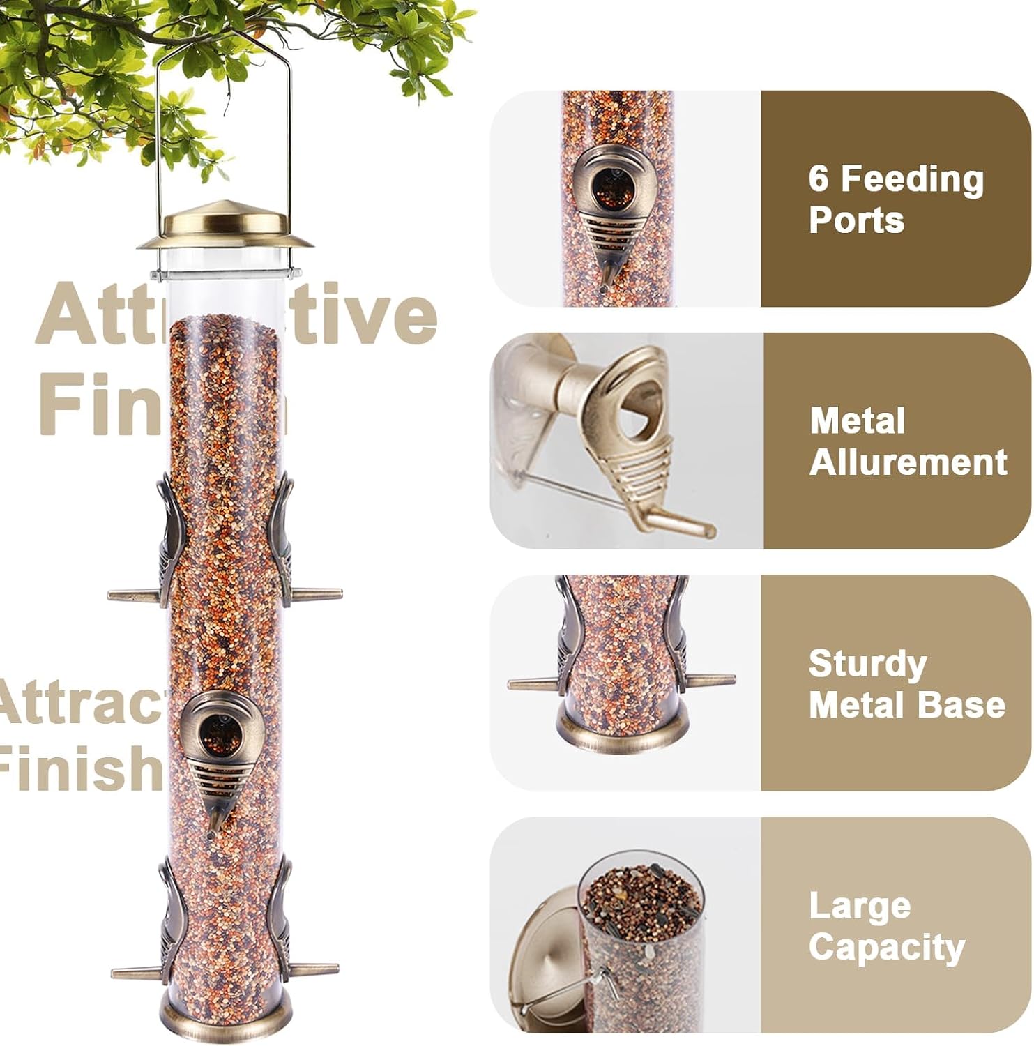 MIXXIDEA 1PK Metal Bird Feeders with 6 Feeding Ports, Tube Bird Feeder with Steel Hanger, Hard Plastic Wild Bird Feeder for Outdoors Hanging