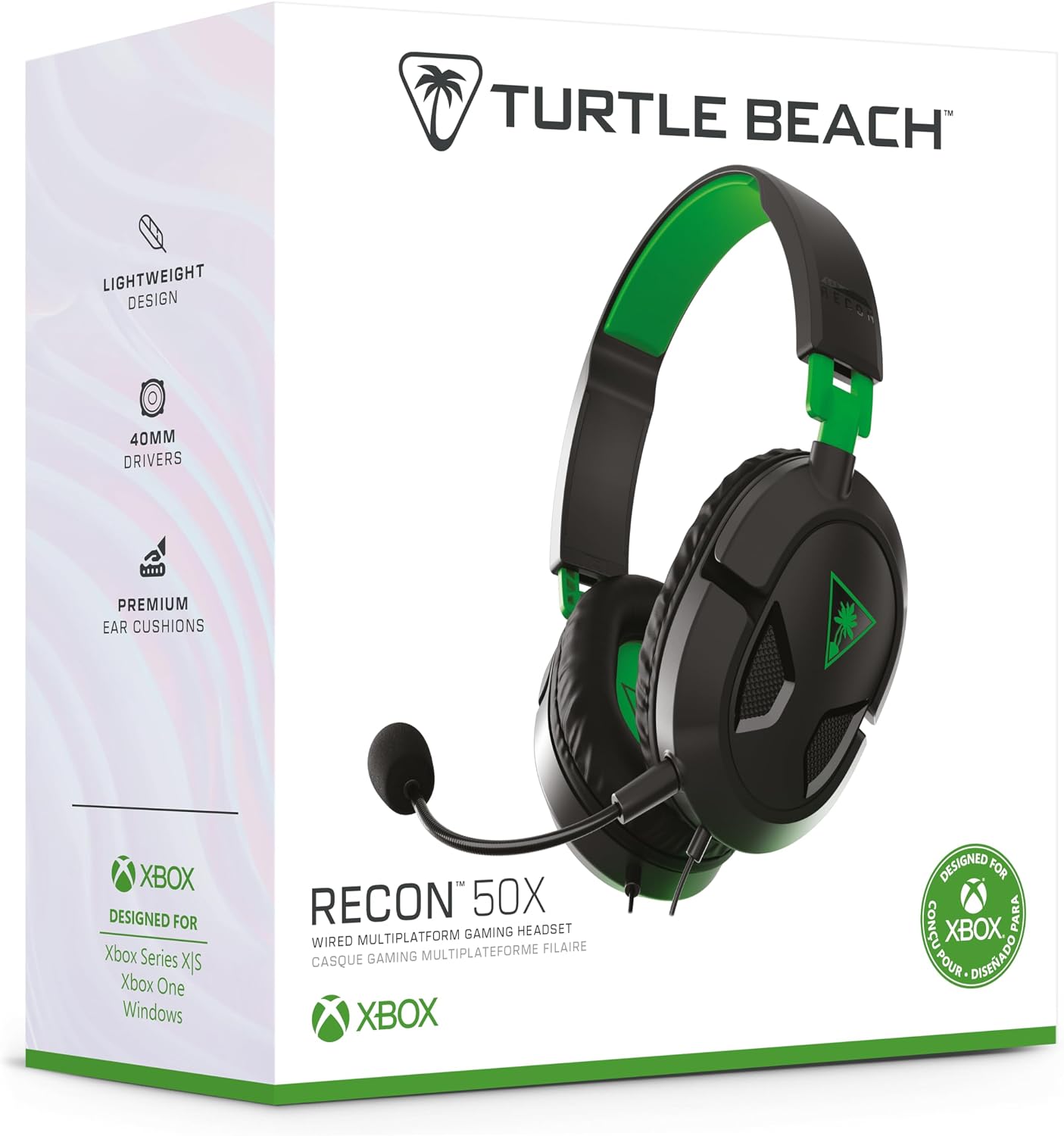 Turtle Beach Recon 50 Wired Multiplatform Gaming Headset for Xbox, PS5, PC | Xbox Series X|S, Xbox One, PlayStation, PS4, Mobile, Removable Mic, 40mm Speakers, In-Line Controls, Lightweight, Black Green