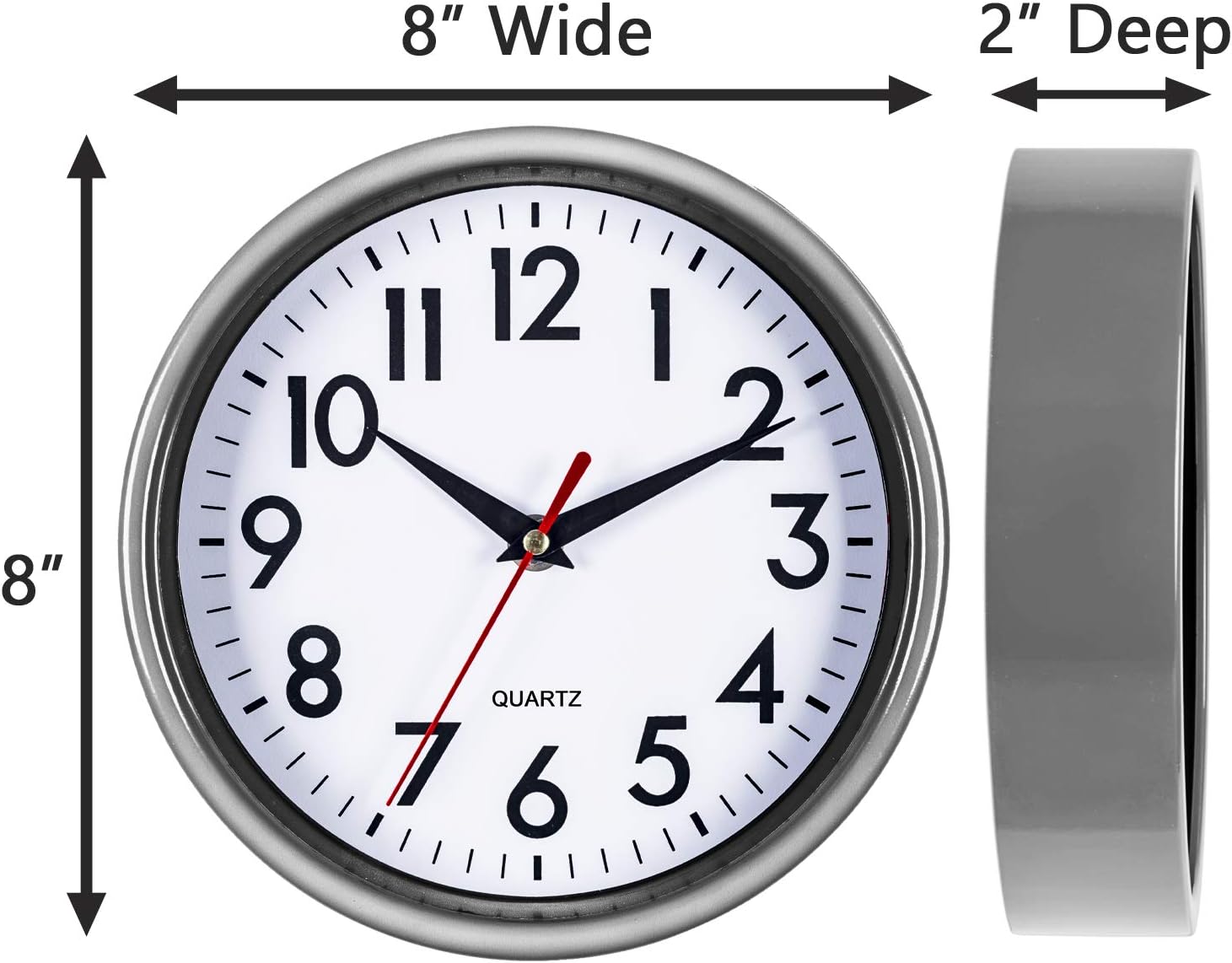 Bernhard Products Silver Wall Clock 8" Silent Non-Ticking Quality Quartz Battery Operated Clock for Home Kitchen Bedroom Bathroom Classroom Nursery