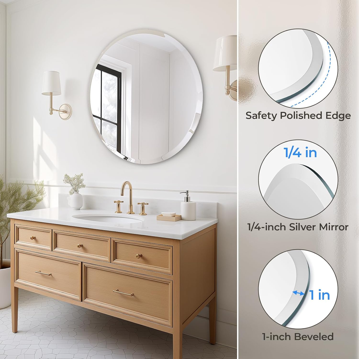 USHOWER Frameless Round Bathroom Mirror 24"