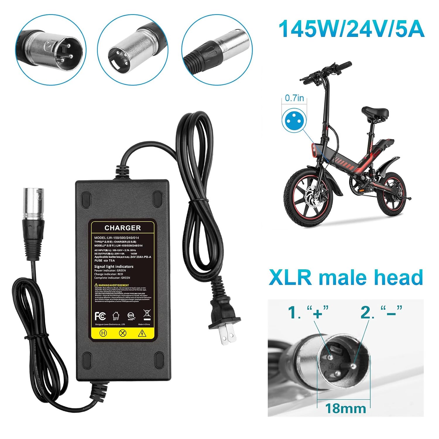 29V 5A for 24V 5A 3-Pin Male XLR Connector Battery Charger for Lakematic, Pride Mobility, Jazzy Power Chair, Drive Medical, Golden Technologies