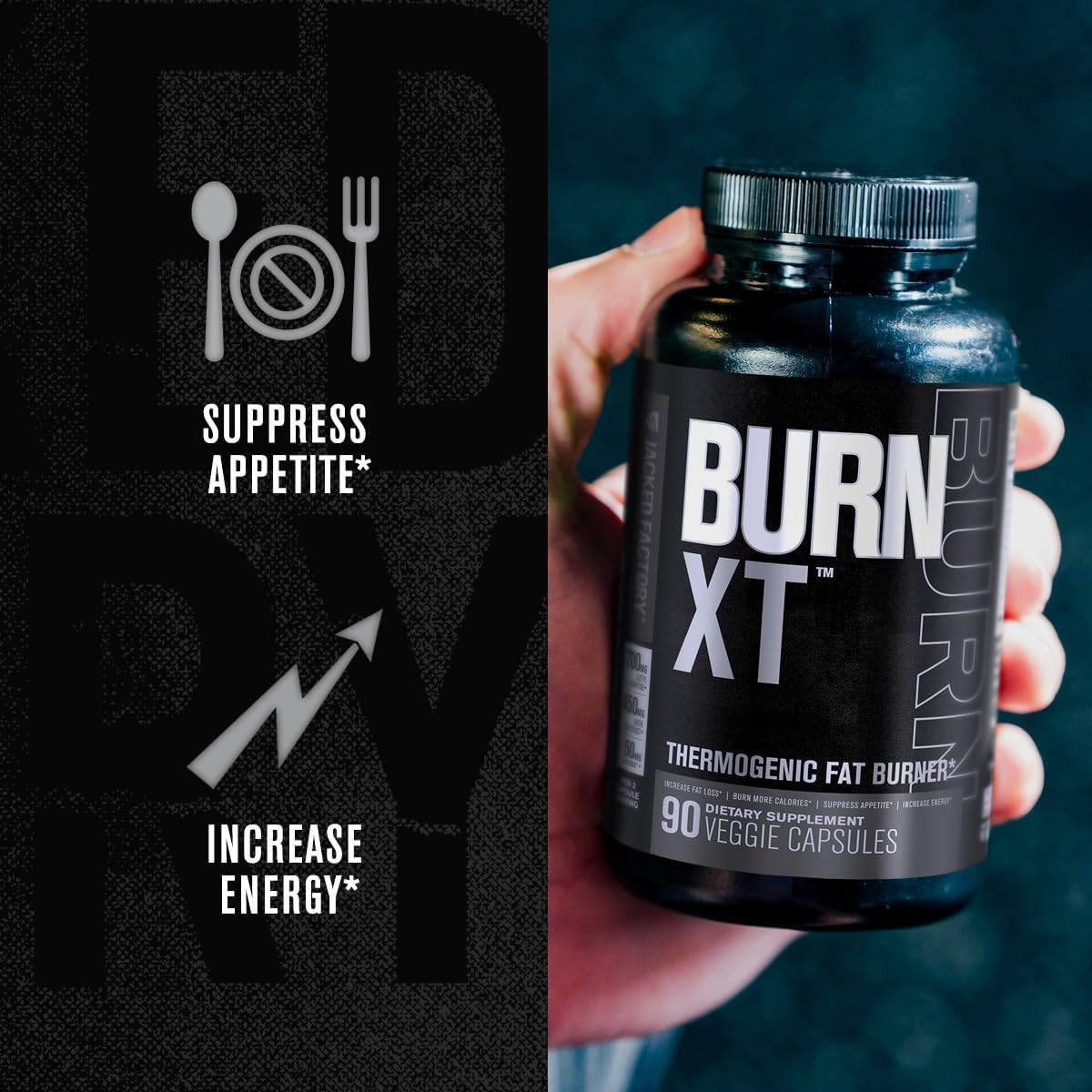 Jacked Factory Burn XT Black Thermogenic Fat Burner - Weight Loss Supplement, Appetite Suppressant, Nootropic Energy Booster | TeaCrine