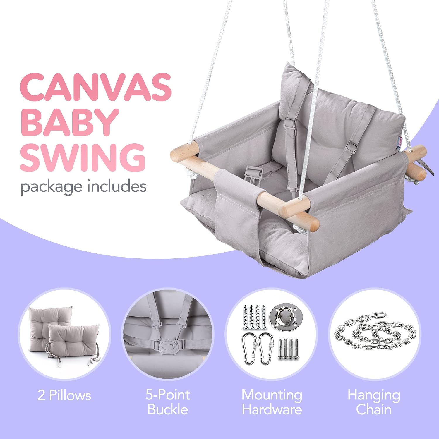 CaTeam Canvas Baby Swing Seat with 5-Point Safety Belt — Wooden Hanging Toddler Swing, Indoor & Outdoor, Ages 1-4, Ceiling Mount Hardware Included