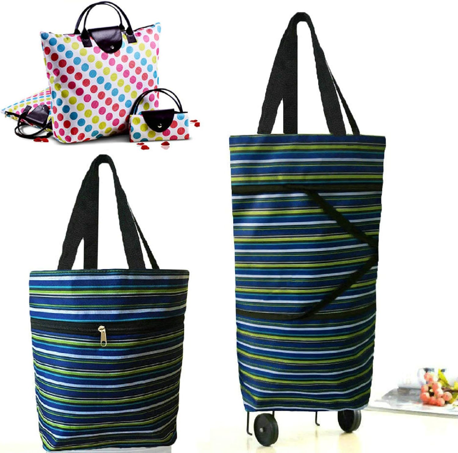 Collapsible Shopping Bag with Wheels Portable Shopping Cart with 360° Swivel Wheels Rolling Tote Bag Reusable Grocery Bag Trolley Bag on Wheels for Travel Shopping and Daily Use(Blue)