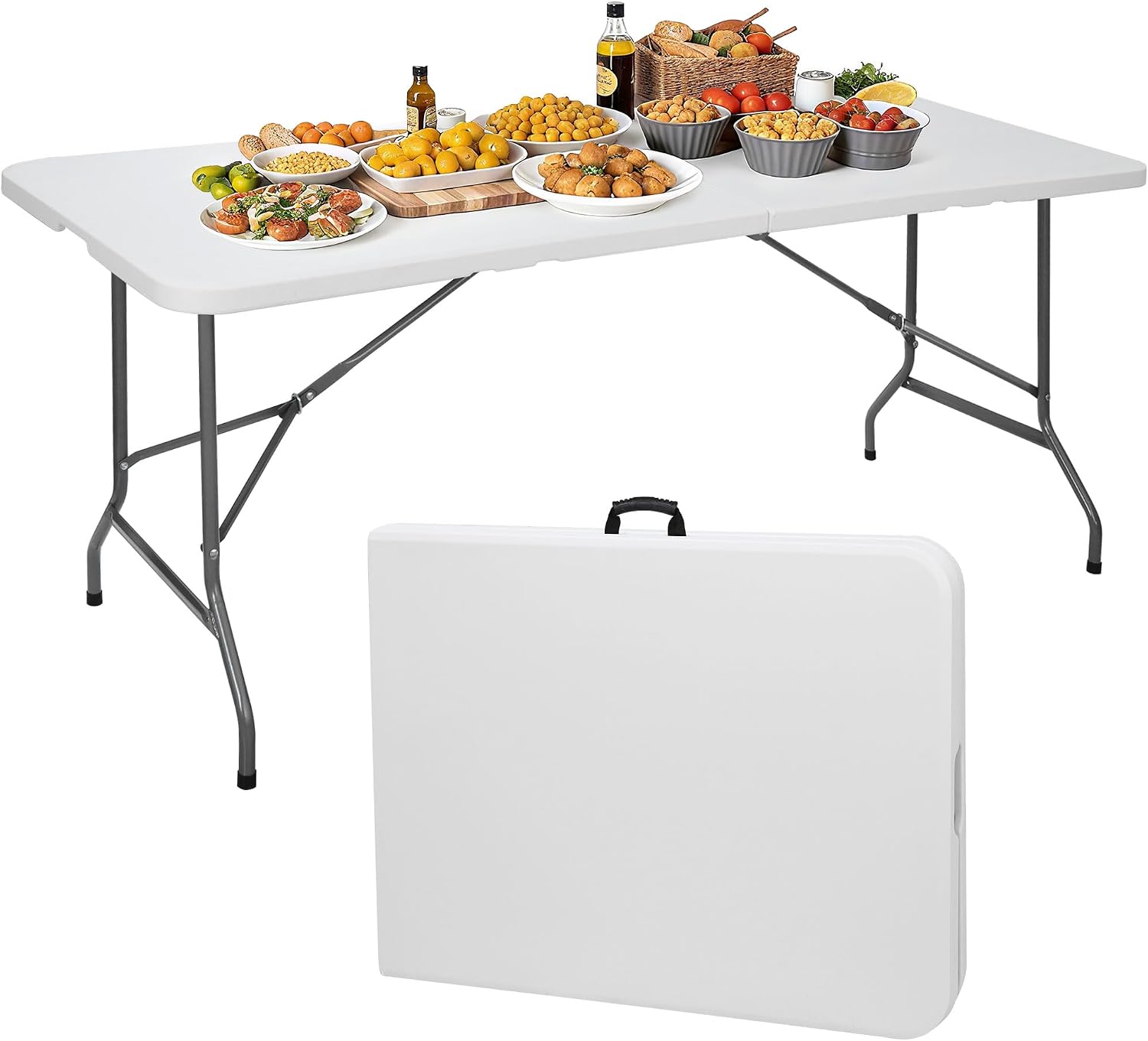 ZenStyle 6 ft Indoor Outdoor Heavy Duty Plastic Folding Table Portable Picnic Table Fold-in-Half Utility Table w/Handle and Steel Legs for Camping