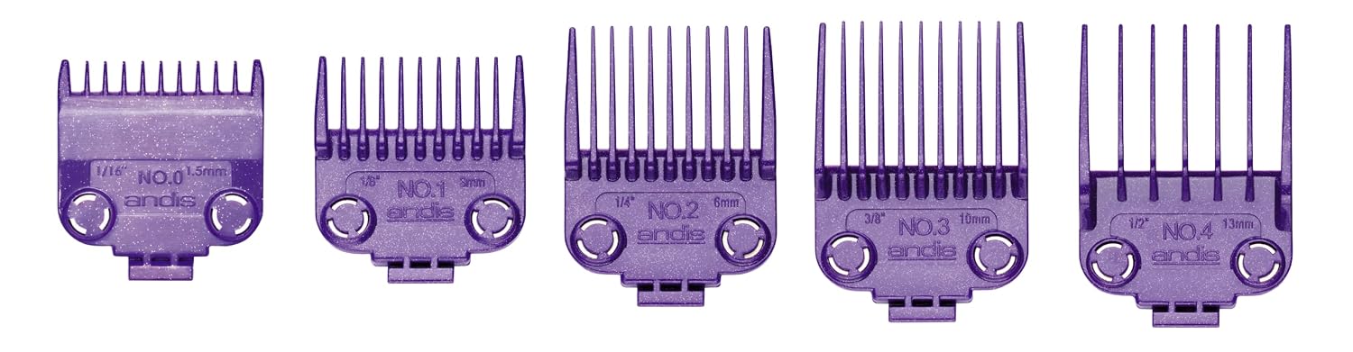 Andis 01410 Professional Master Clipper Guards - Dual Magnet Comb Set – Small, fits for MBA, MC-2, ML, PM- & PM-4, Waterproof – Purple, Set of 5