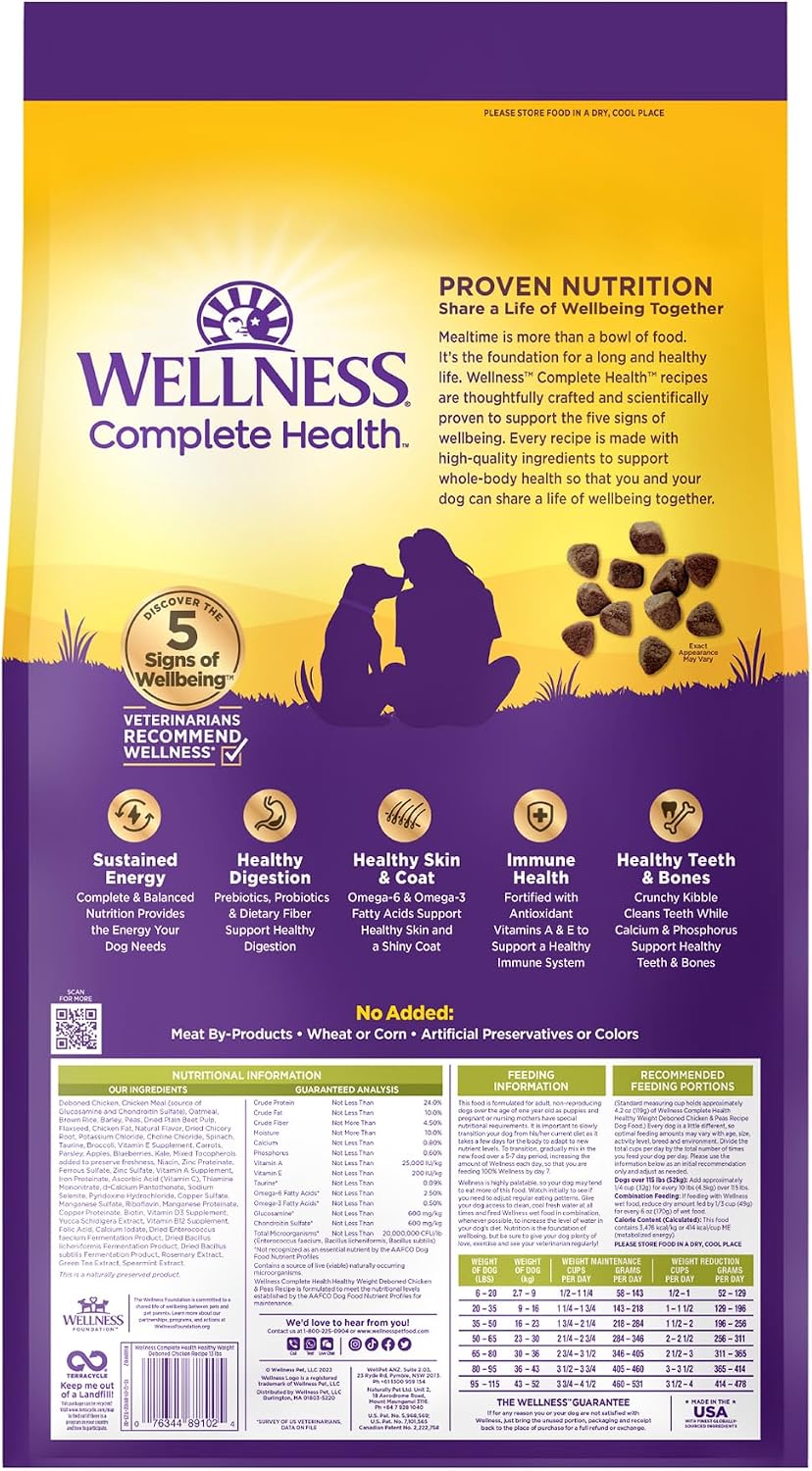 Wellness Complete Health Adult Dry Dog Food, Wholesome Grain Kibble, Natural, Chicken and Oatmeal Recipe, 5 lb Bag