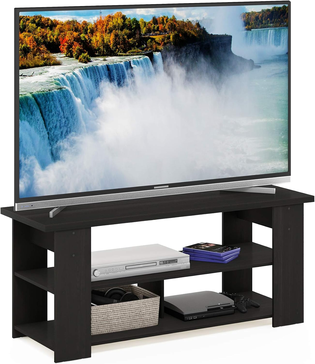 Furinno Nelly TV Stand, 3-Tier Entertainment Center with Open Shelves Storage, TV Console for TV up to 55 Inch, Soft Edges, for Living Room, Bedroom, Black