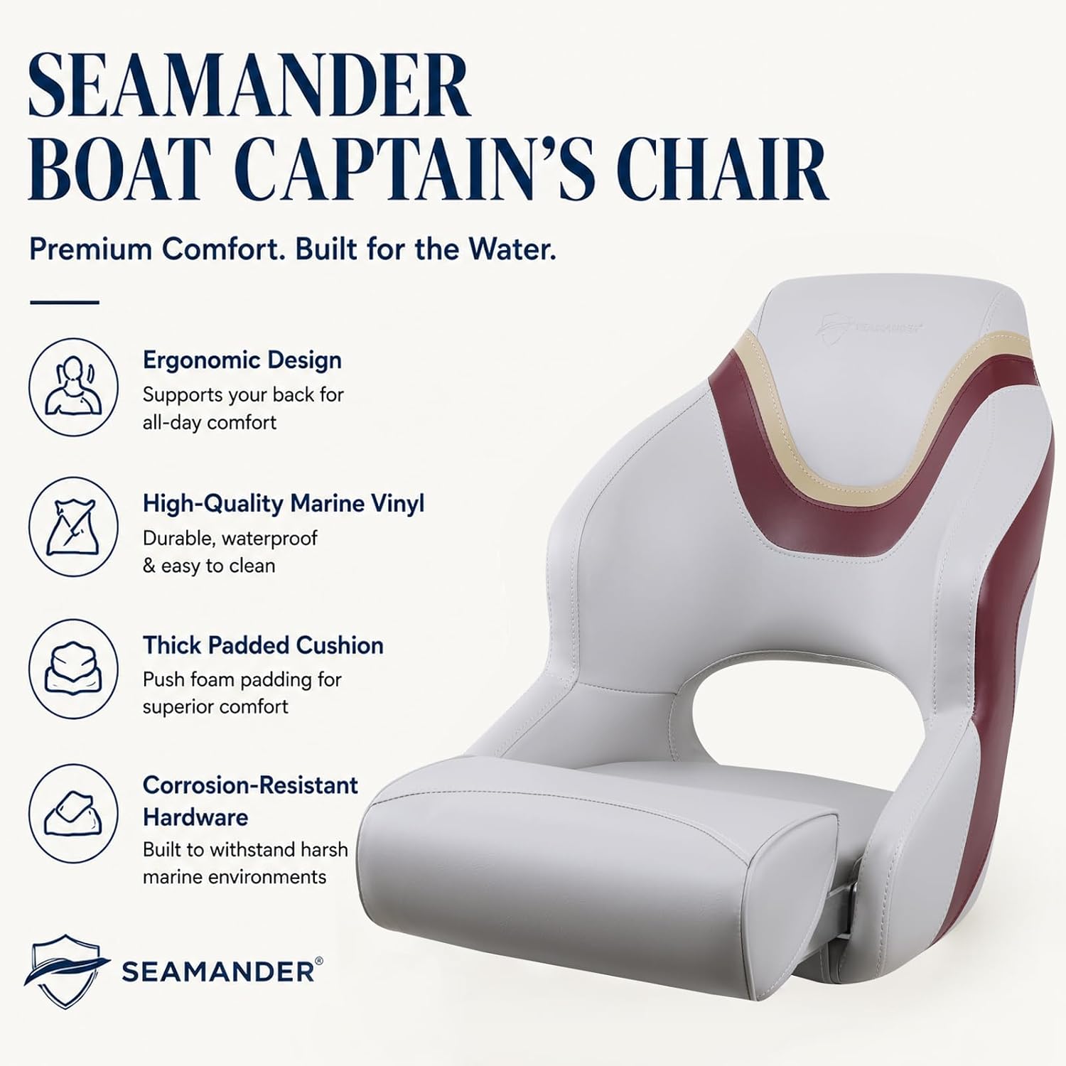 Seamander Boat Captains Chair,Captain Bucket Seat with Flip Up Bolster,Integral Rotomolded Frame, Premium EPDM Foam Material, Marine Grade Vinyl (A-White/Charcoal)