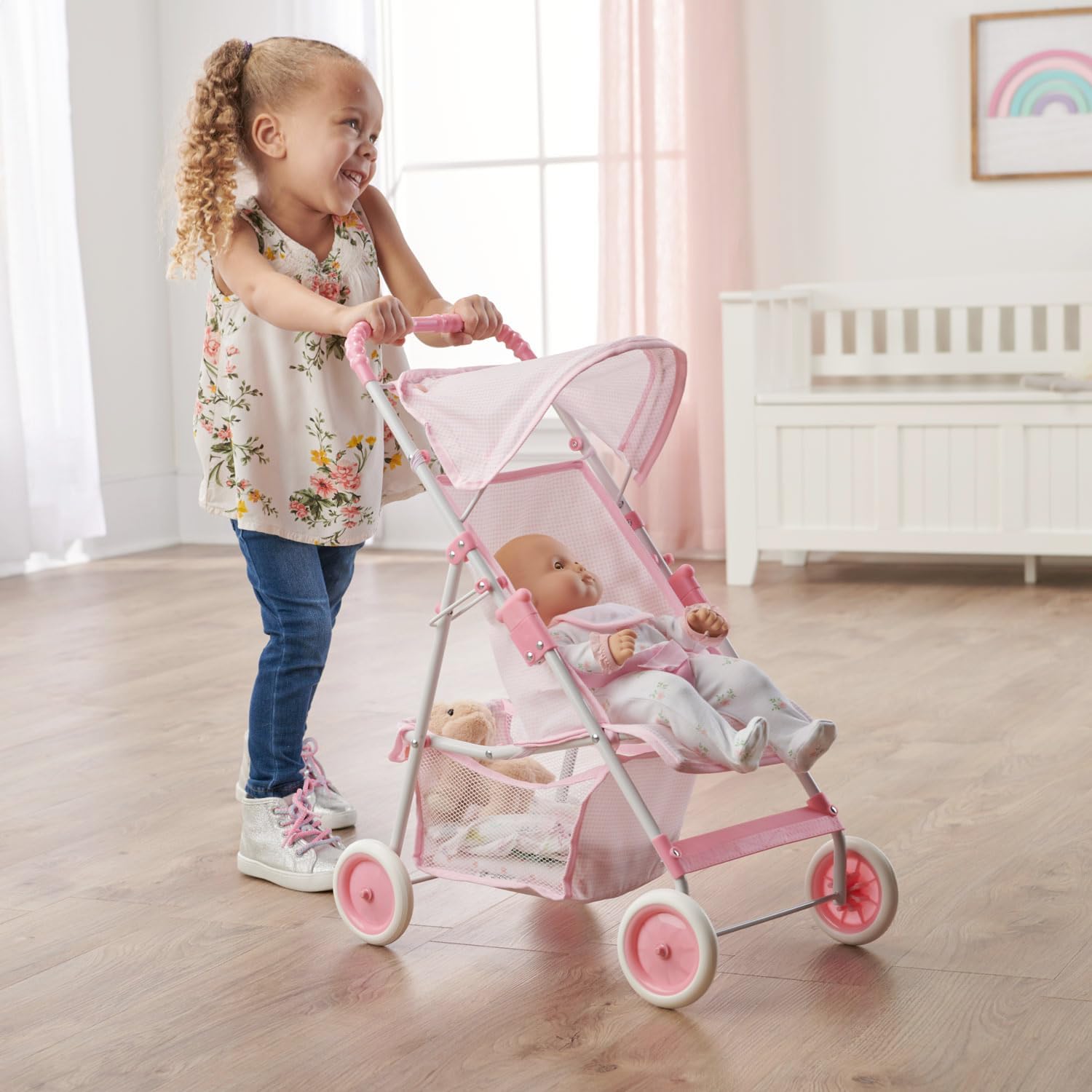 Badger Basket Folding Doll Umbrella Stroller with Basket - Pink/White | Fits up to 18" dolls
