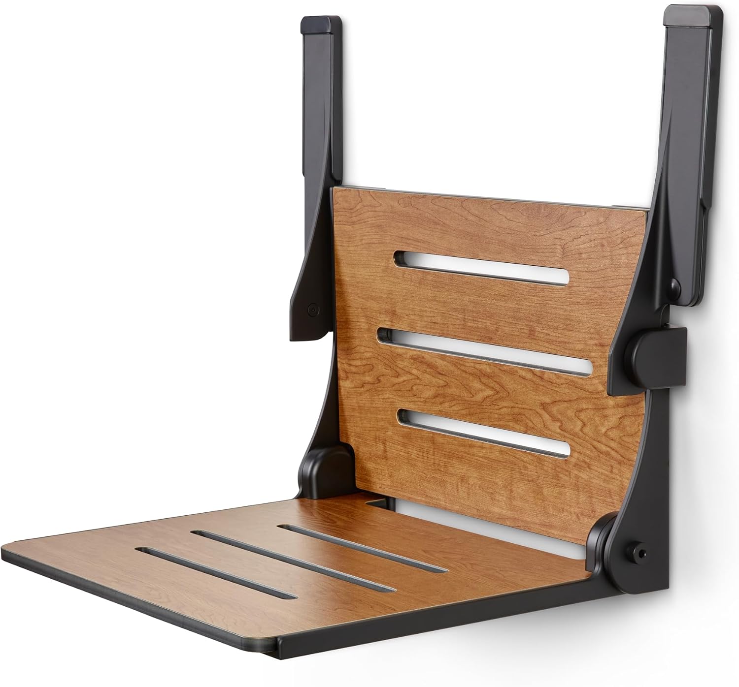Seachrome Silhouette Comfort Folding Wall Mount Shower Bench Seat with Arms, Teak Seat with Silver Frame