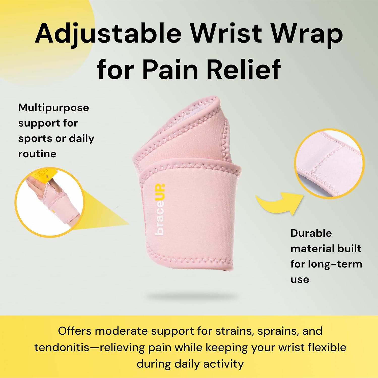 BraceUP Adjustable Wrist Wrap for Men and Women - Workouts Wrist Band, Carpal Tunnel Compression Wrist Brace, Tendonitis Wrist Splint, Left Right Hand One Size Adjustable (Black)