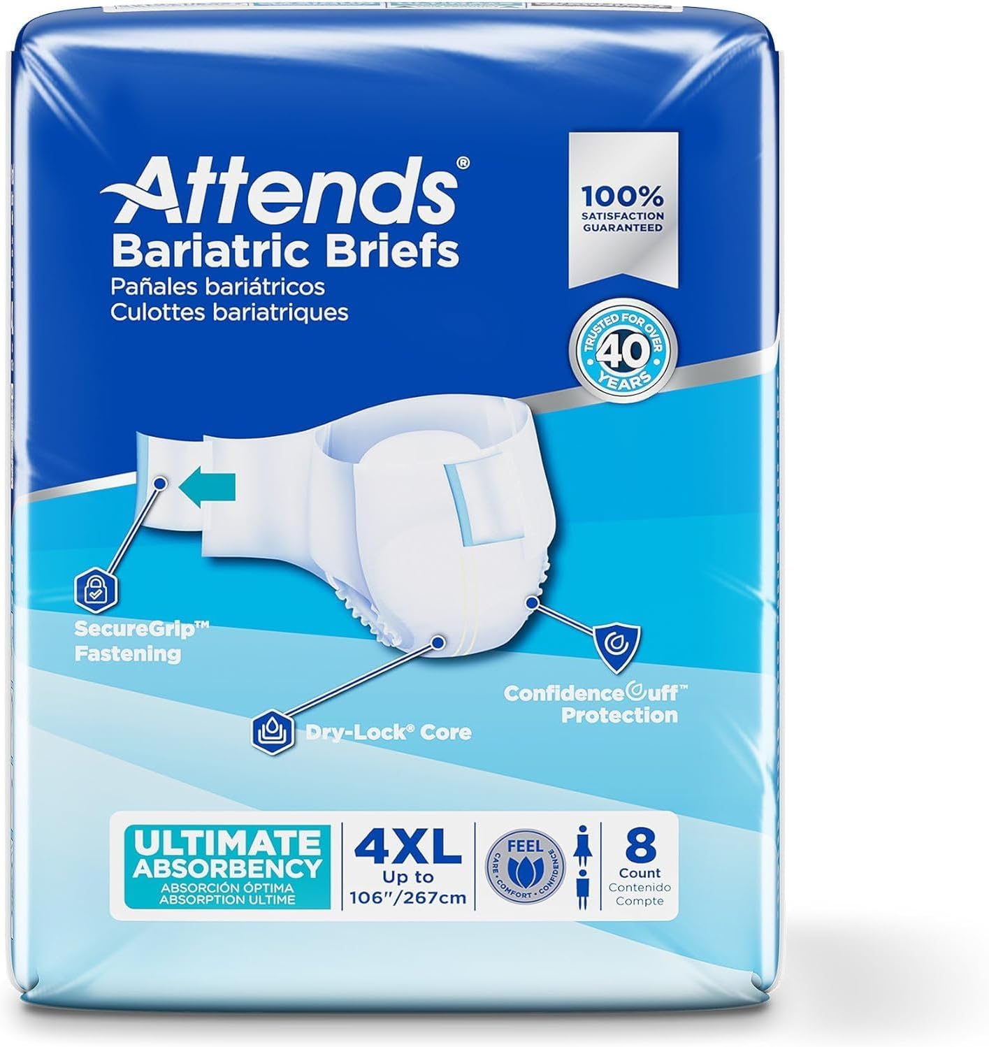 Attends Bariatric Incontinence Disposable Briefs, XX-Large, 63"-70" Waist with Tab Closures, Ultimate Absorbency, Dry-Lock Containment Core and ConfidenceCuff Leakage Protection, 2XL 48ct Case
