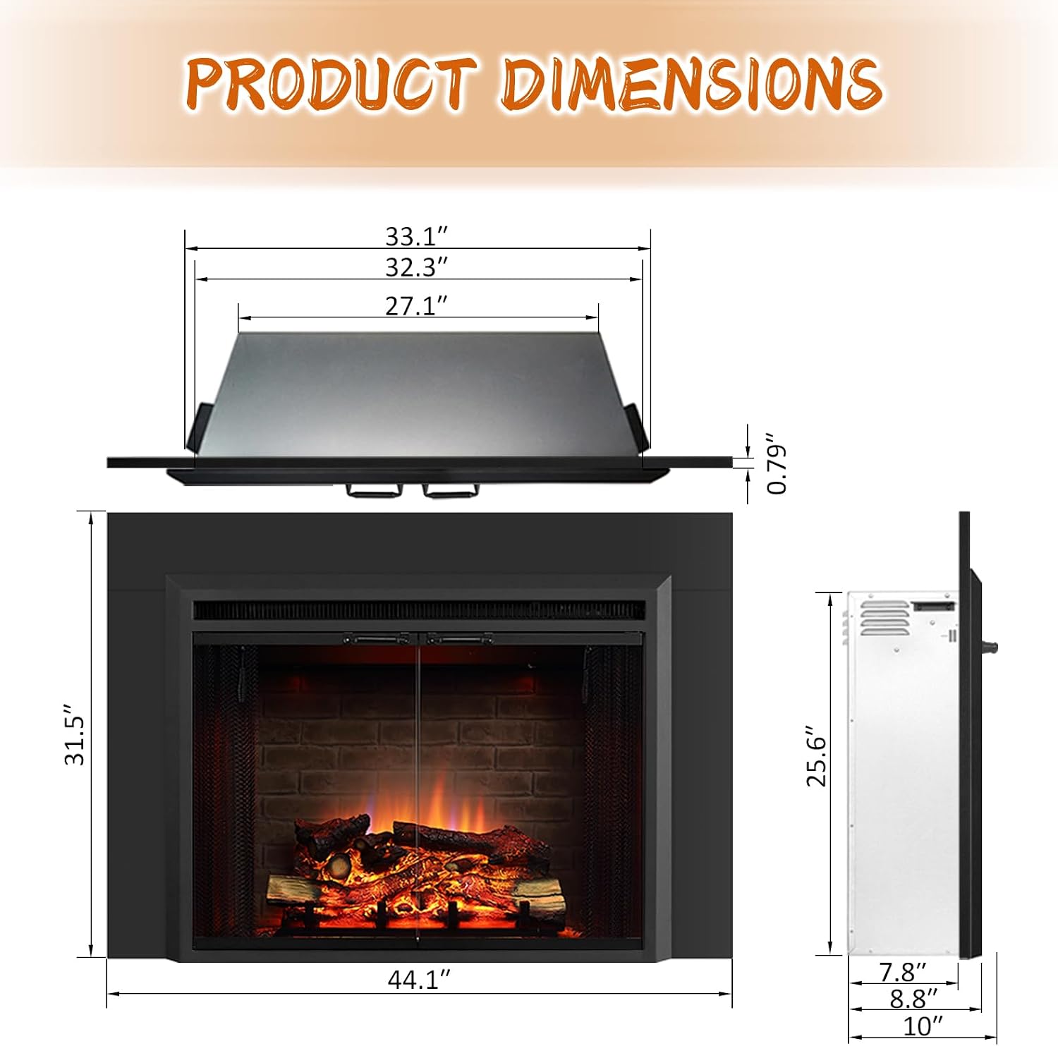 PuraFlame Klaus Electric Fireplace Insert with Fire Crackling Sound, Glass Door and Mesh Screen, 750/1500W, Black, 29 15/16 Inches Wide