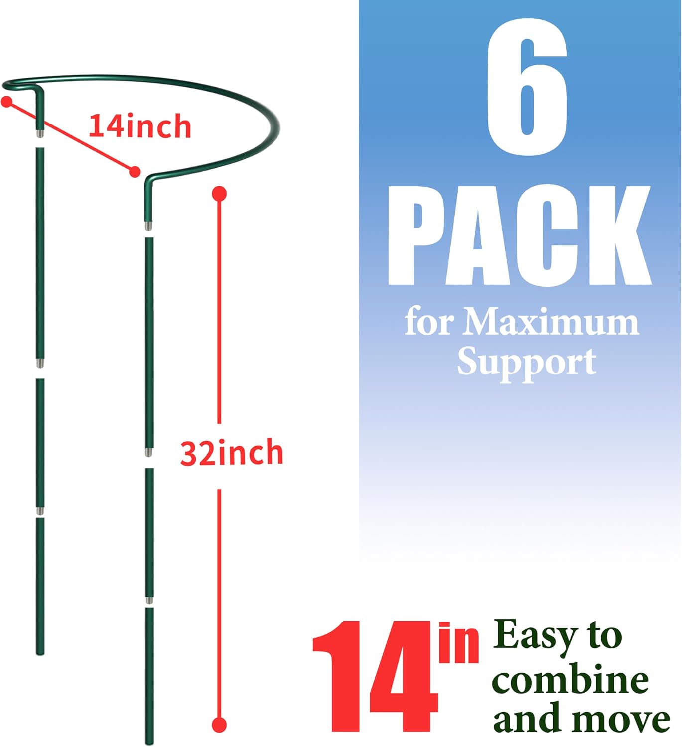 TCBWFY 10 Pack Garden Plant Support Stakes, 10" Widex16 High Heavy Duty Interlinked Half Round Peony Support Ring Cage for Indoor Outdoor Plants