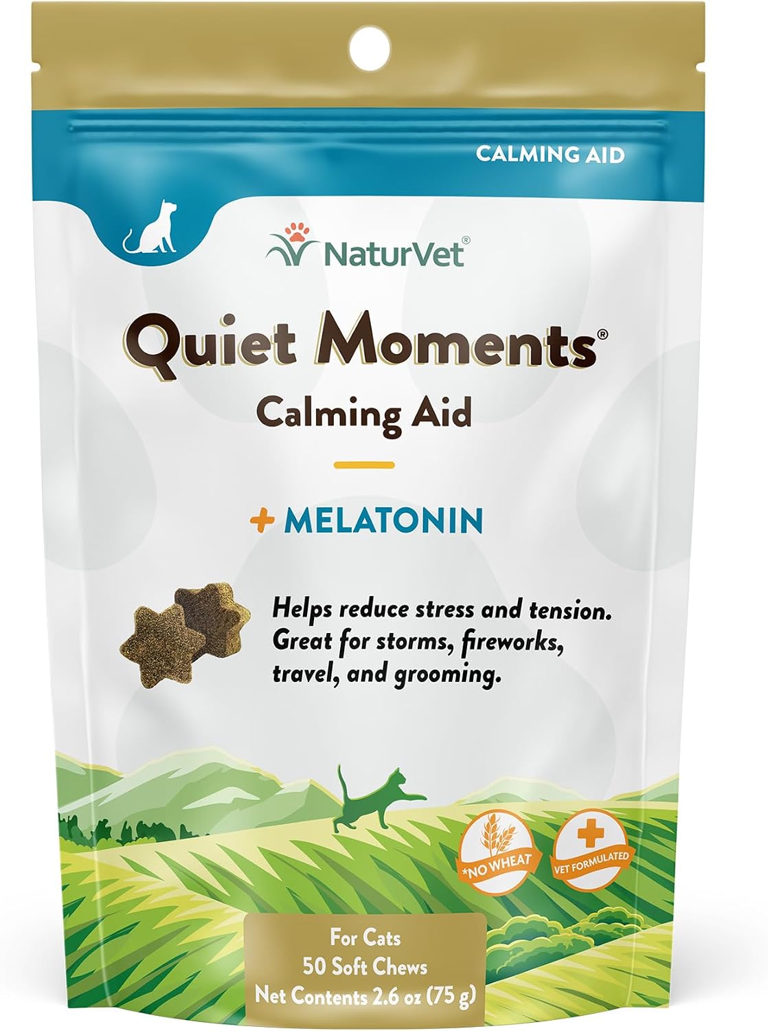 NaturVet Quiet Moments Calming Plus Melatonin Cat Supplement - 50 Count | Calming Aid for Cats - Reduce Stress, Pet Storm Anxiety, Motion Sickness - Great for Grooming, Separation and Travel