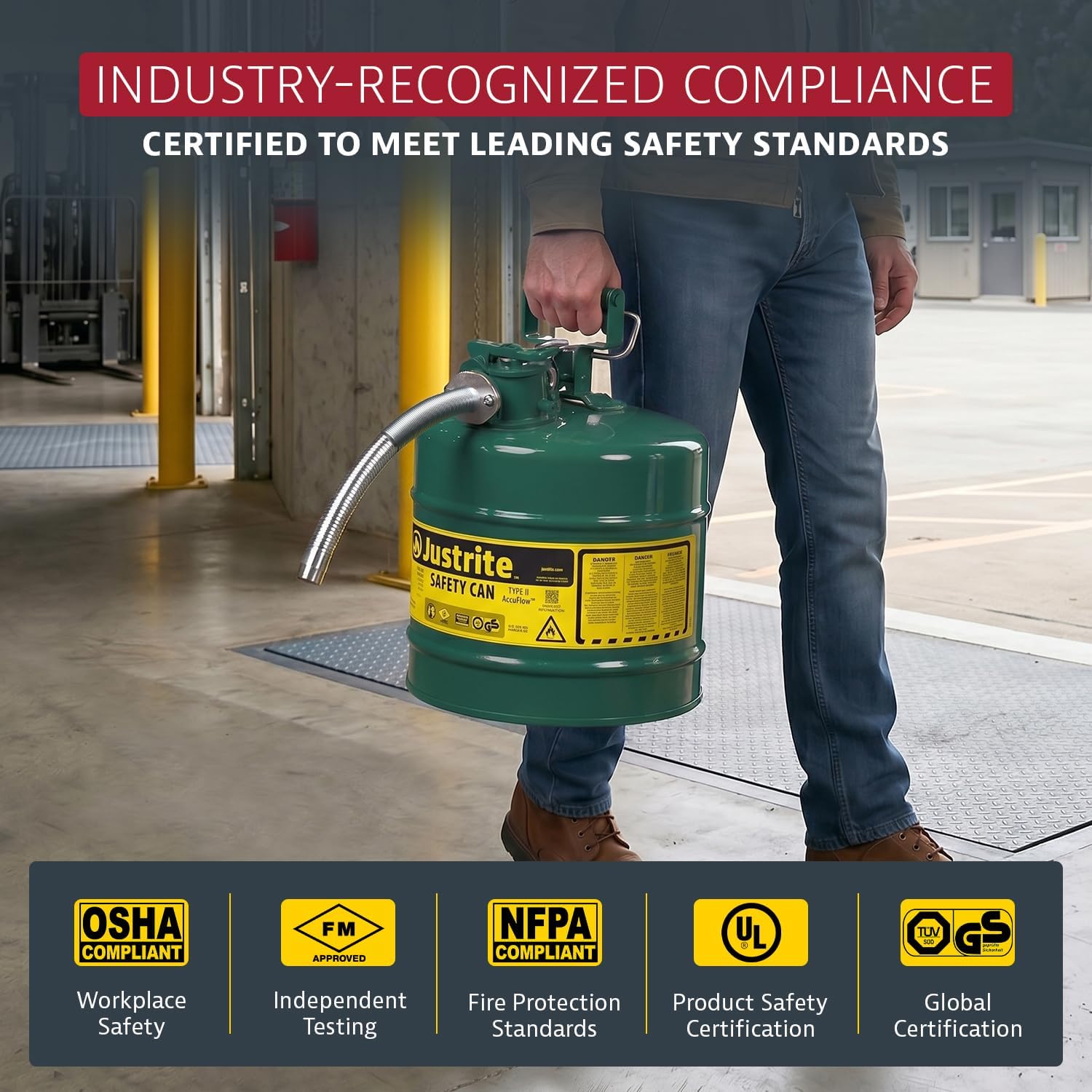 Justrite Type II Green Safety Can for Oil, Galvanized Steel, FM Approved