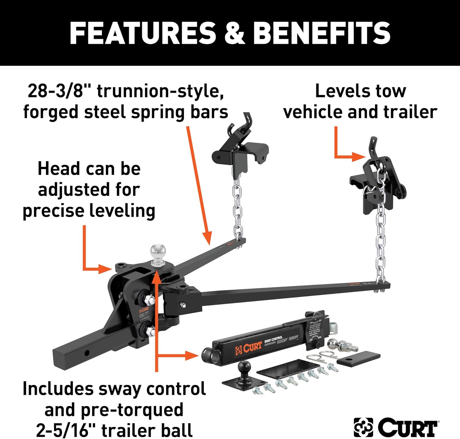 CURT 17422 Short Trunnion Bar Weight Distribution Hitch with Sway Control, Up to 15,000 lbs., 2-Inch Shank, 2-5/16-Inch Ball