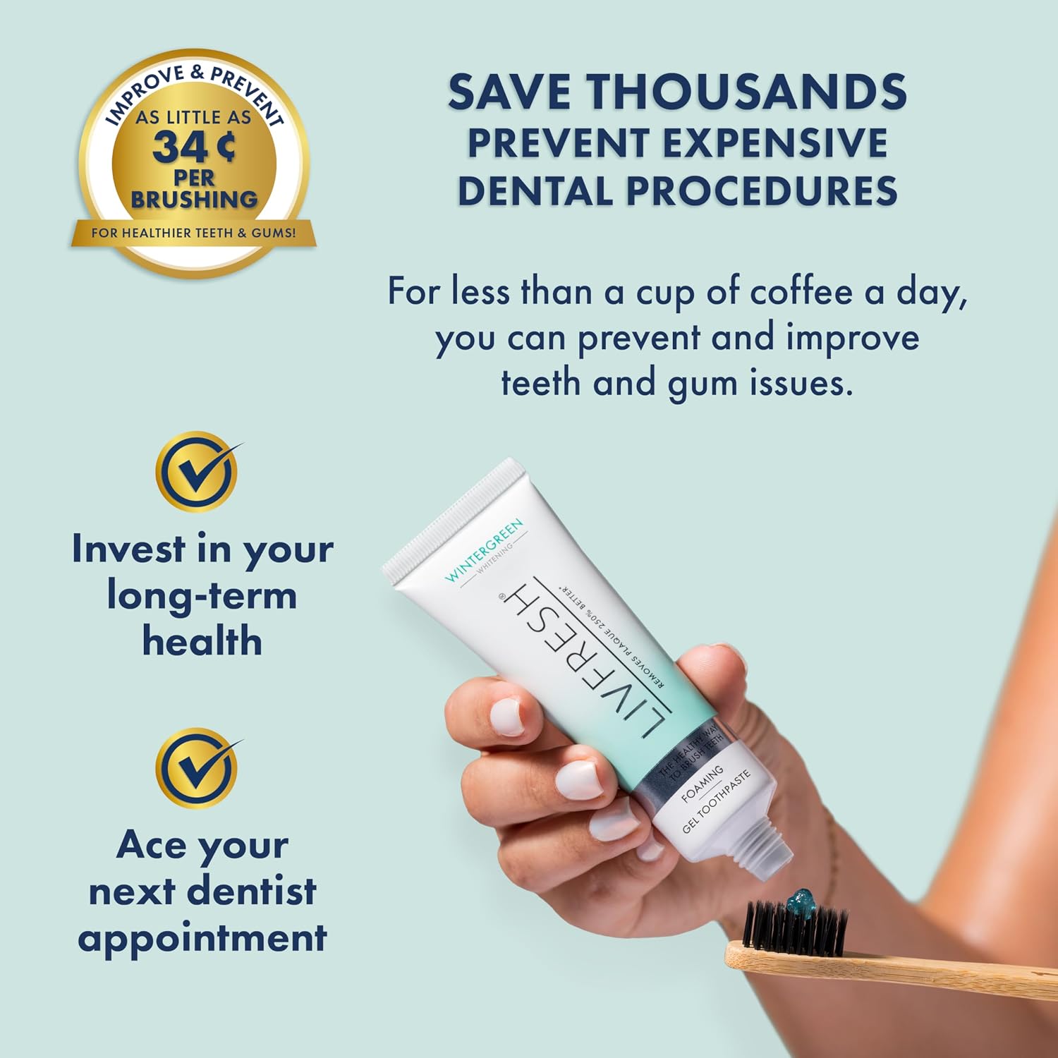 LIVFRESH Toothpaste Gel, Clinically Proven to Remove Plaque 250% Better, Improves Gum Health 190% Better, Prevents & Reduces Tartar, Freshens Breath, SLS Free Dental Gel, Wintergreen