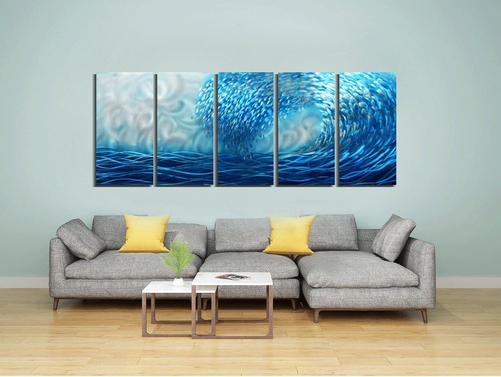 Yihui Arts Handcrafted 3D Metal Wall Art - Ocean Wave Sculpture, 5 - Panel Aluminum Decor for Living Room, Bedroom & Office