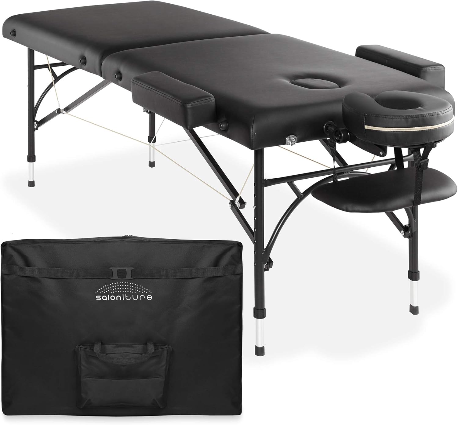 Saloniture Professional Portable Lightweight Bi-Fold Massage Table with Aluminum Legs - Includes Headrest, Face Cradle