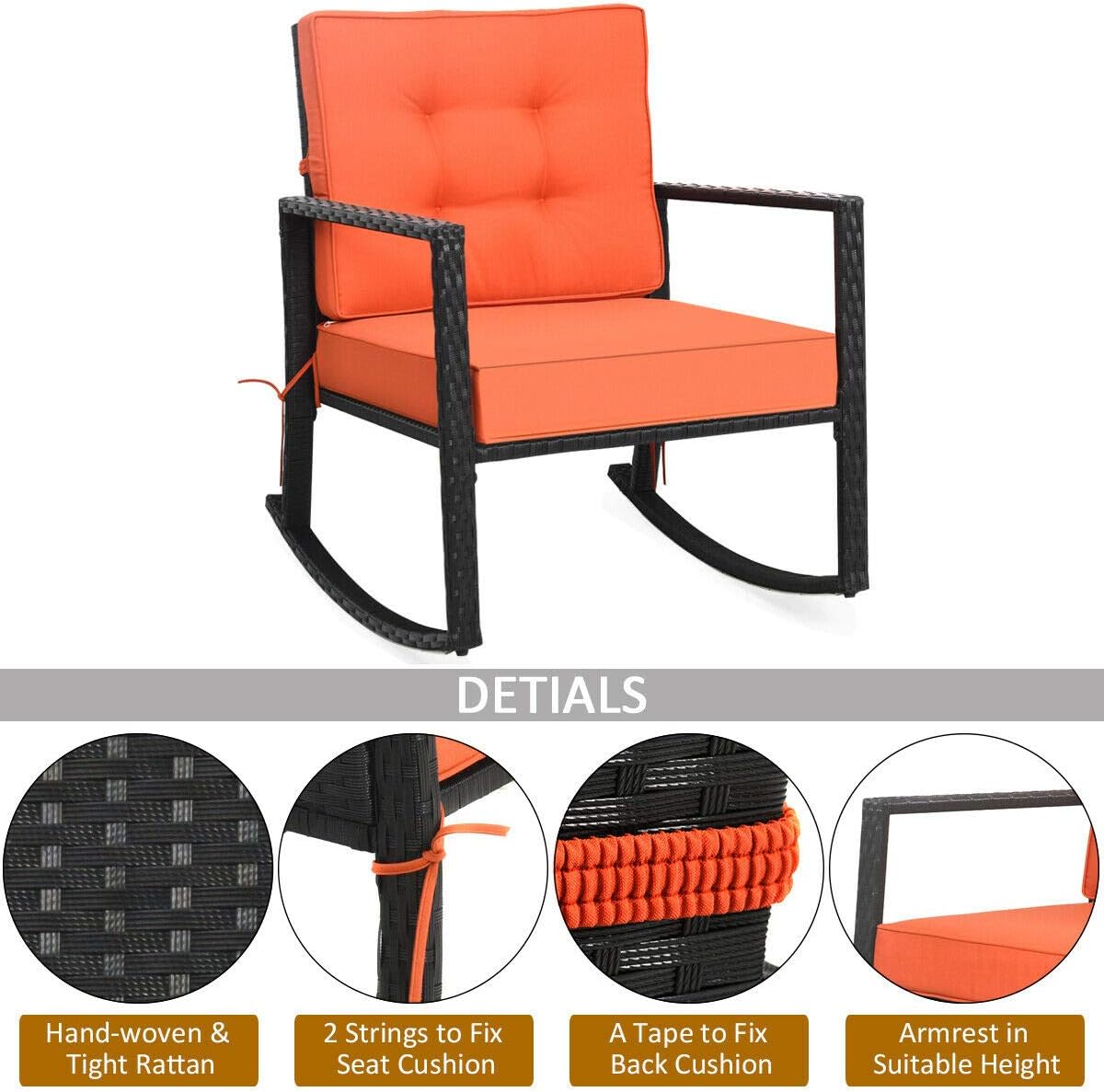 Tangkula Wicker Rocking Chair, Outdoor Glider Rattan Rocker Chair with Heavy-Duty Steel Frame