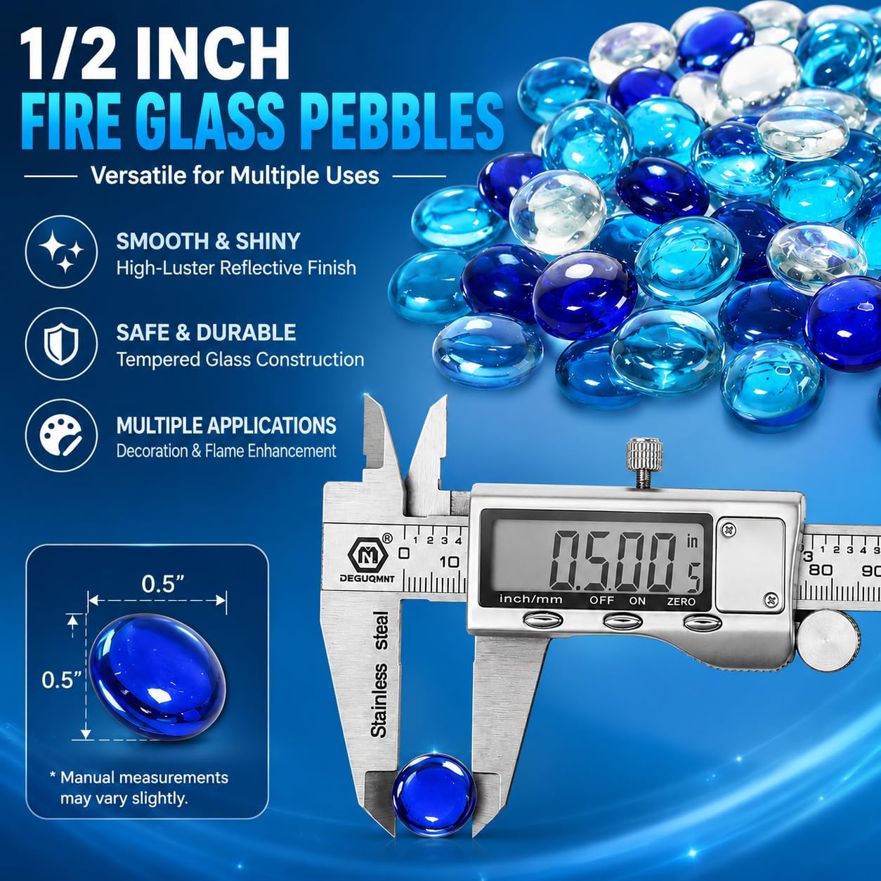 Hisencn Fire Glass Beads for Fire Pit 1/2 Inch, Blended Blue Fire Glass Rocks for Propane Gas Fireplace or Natural