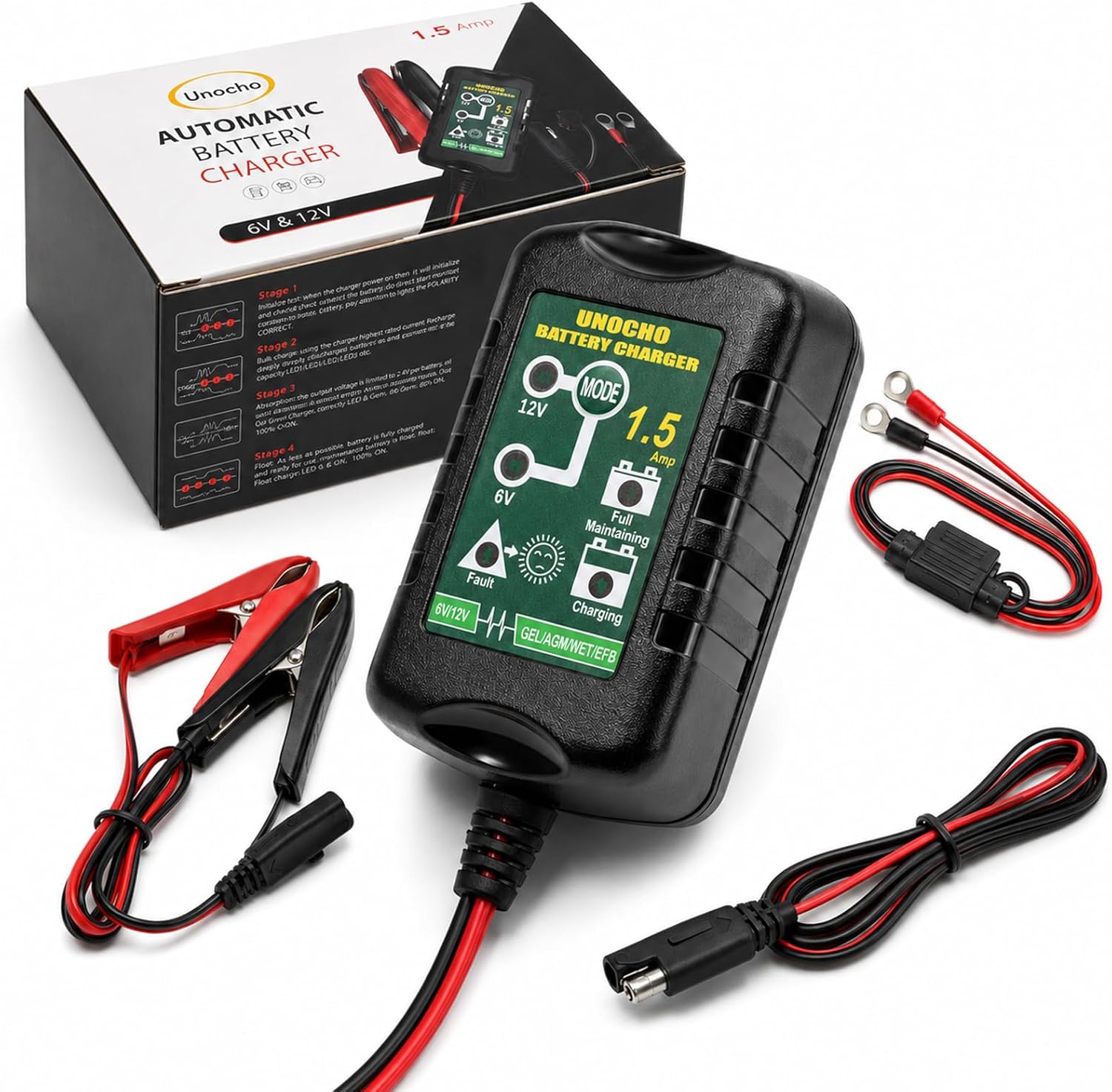Unocho 6V/12V Battery Charger Maintainer 1.5A Automatic Trickle Charger Smart Float Charger for Car Motorcycle Lawn Mower Boat ATV Snowmobile