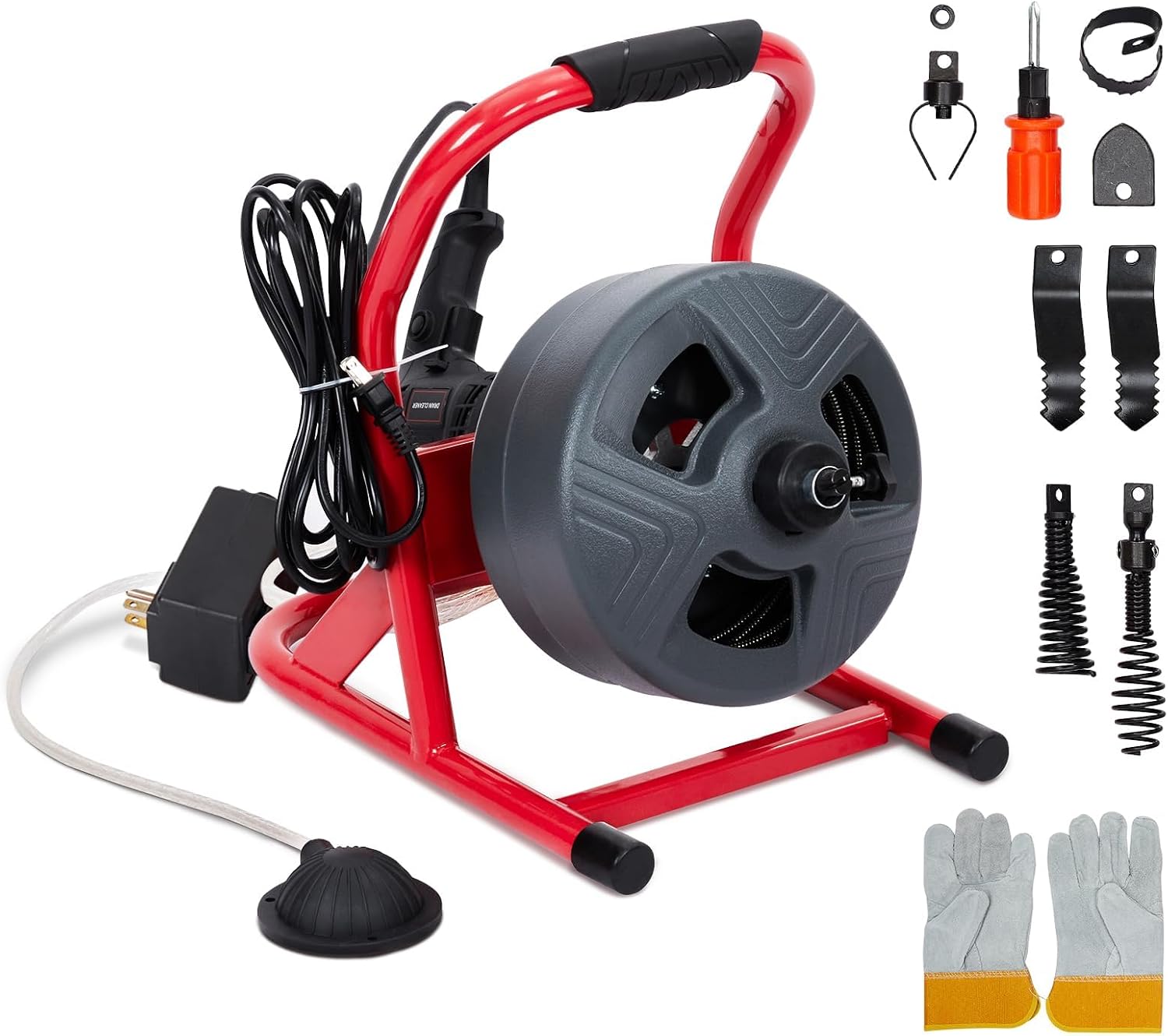 Drain Cleaner Machine 50Ft x 5/16 Inch, Electric Drain Auger with Foot Switch, Sewer Snake for 3/4 to 3 Inch Pipes, Includes 6 Cutters & Gloves