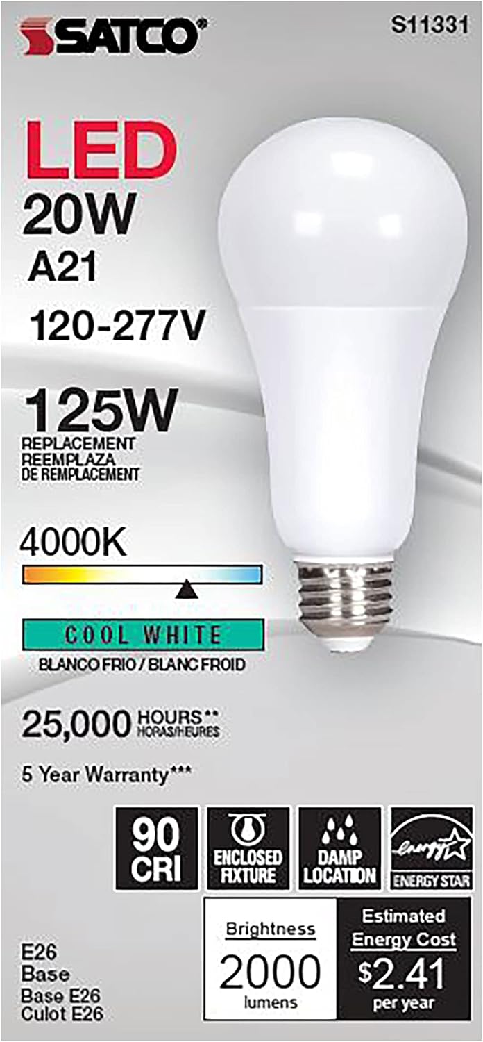 Satco S11332 LED A21 Lamp, 5000K, 220 deg. Beam Angle , White