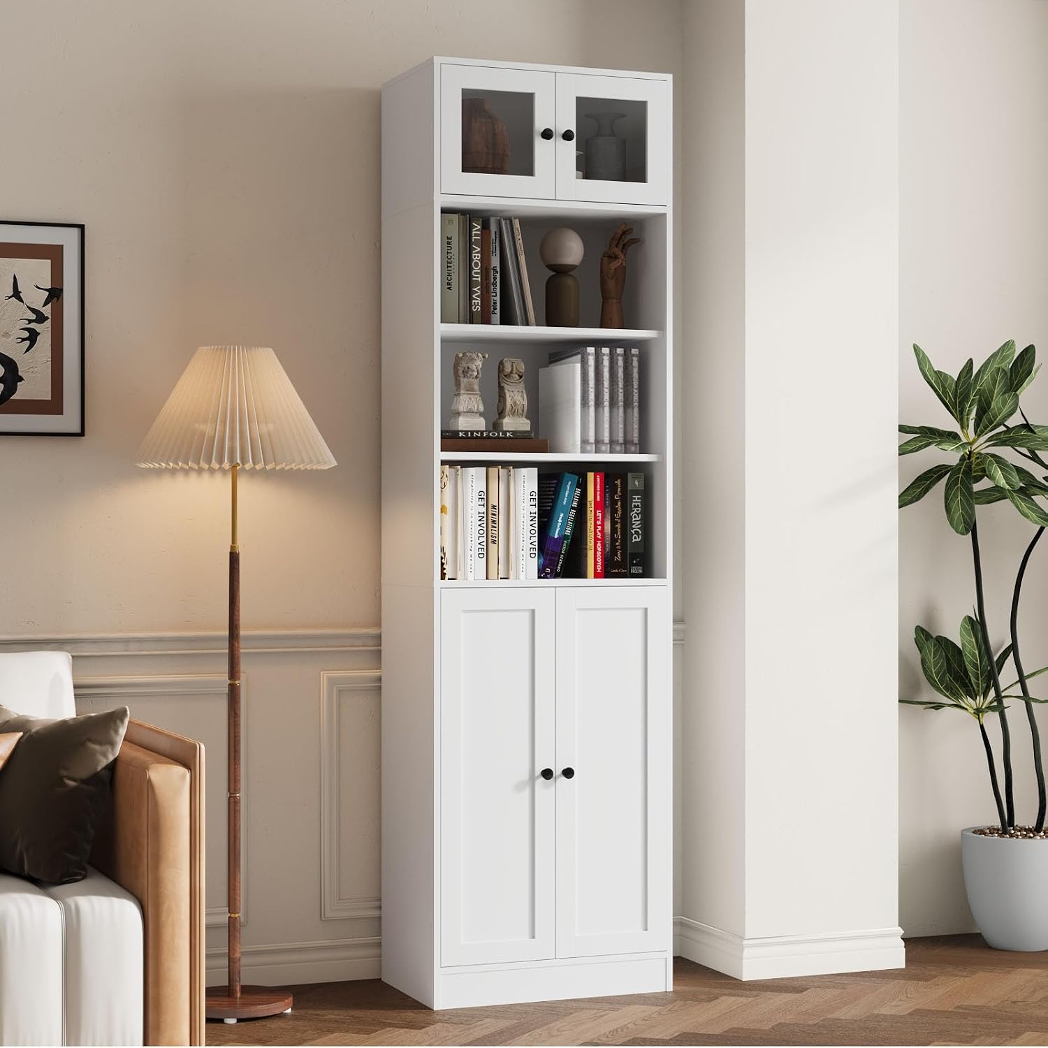 TUSY 85.5 Inch Tall Bookshelf with Doors - 7 Tier Bookcase with Glass Doors and Drawer, 23.6" Wide Storage Cabinet with Open Shelves for Living Room, White Book Shelf for Home Office, Study (AAAA)