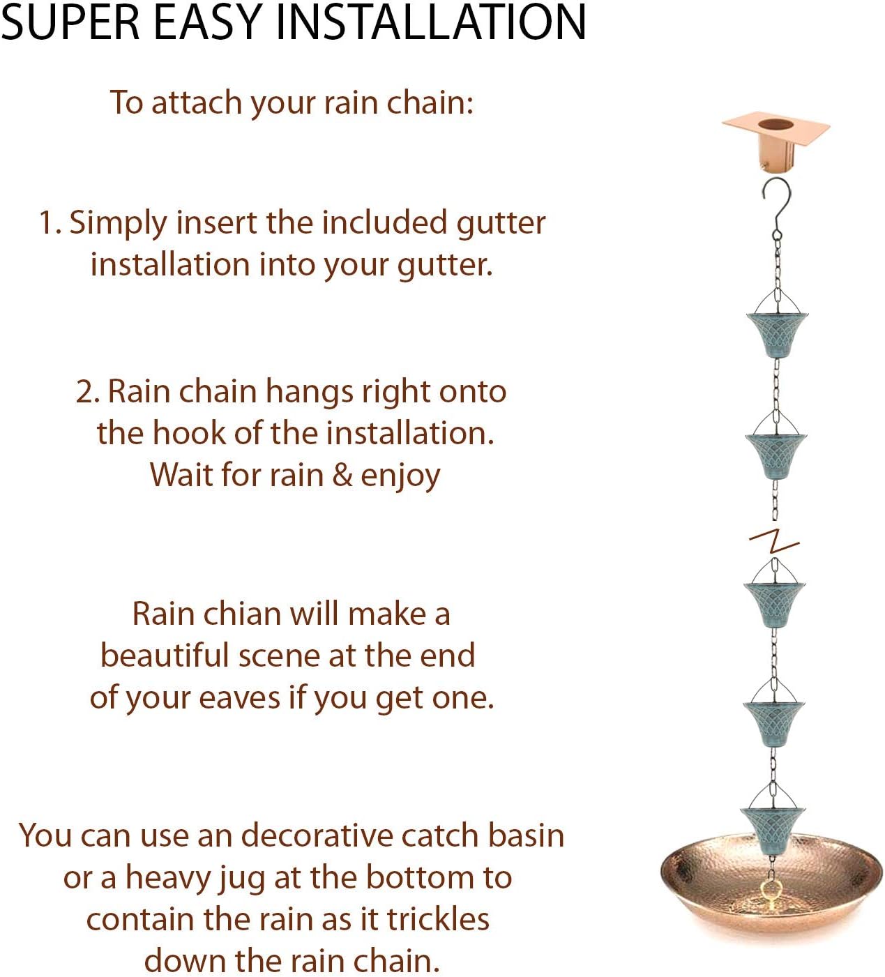 8.5FT Bell Iron Rain Chain for Gutters and Rain Barrel+Adapter, Blue