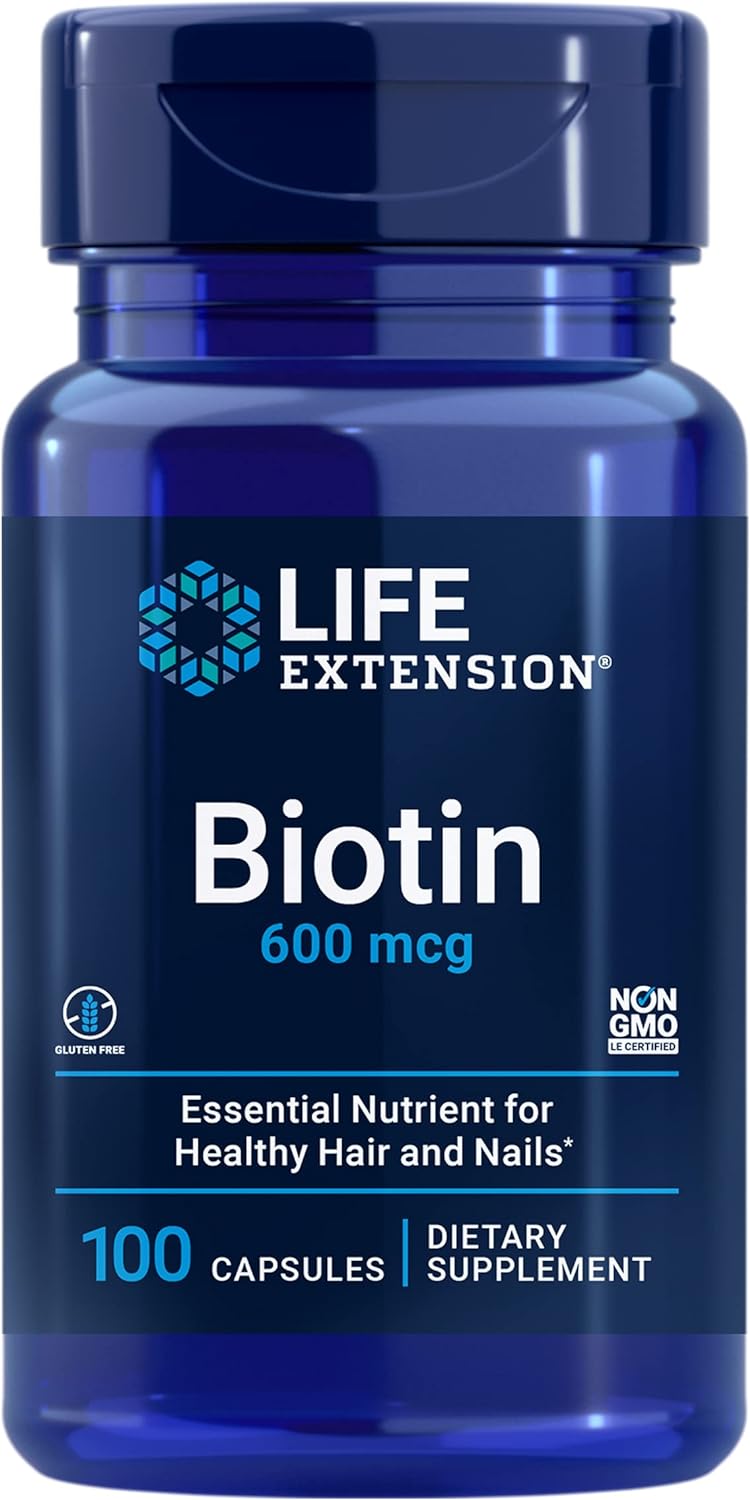Life Extension Biotin 600 mcg Vitamin B7 Support Supplement for Beautiful Hair, Nails & Beyond – Gluten-Free, Non-GMO - 100 Capsules | Supports Hair
