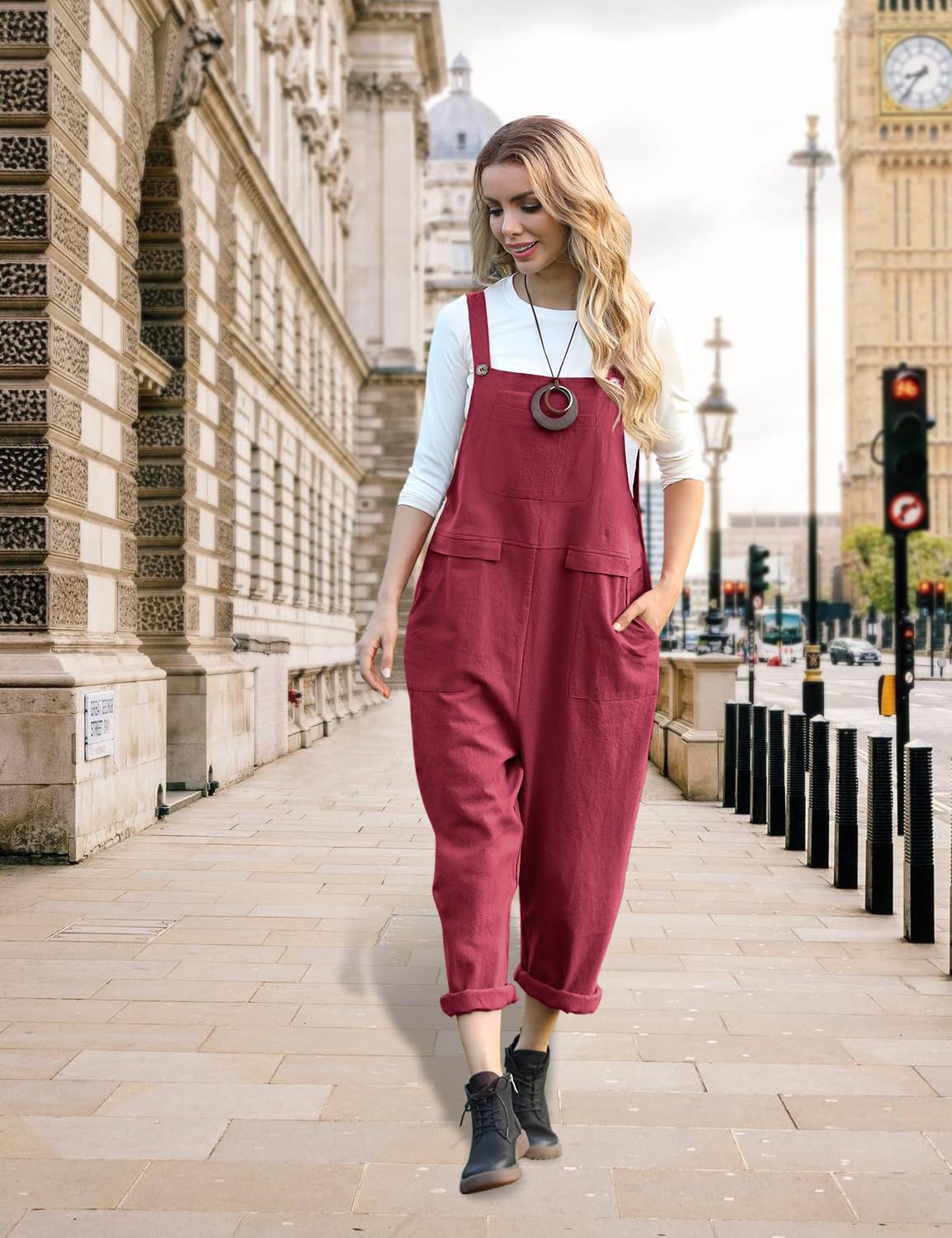 YESNO Women Long Casual Loose Bib Pants Overalls Baggy Rompers Jumpsuits with Pockets PV9