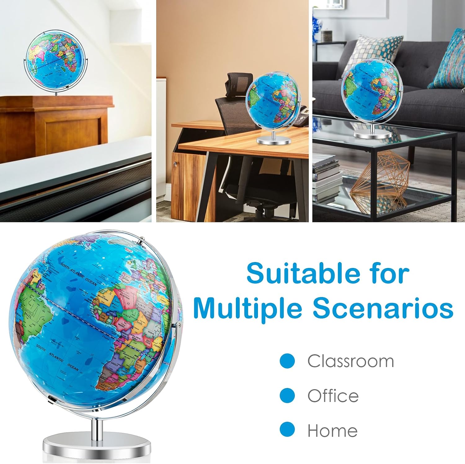 Goplus 13" Large World Globe with Stand, 720° Rotating Illuminated Globe with LED Lights, Metal Base, Desktop Geographic Globe for Home Office