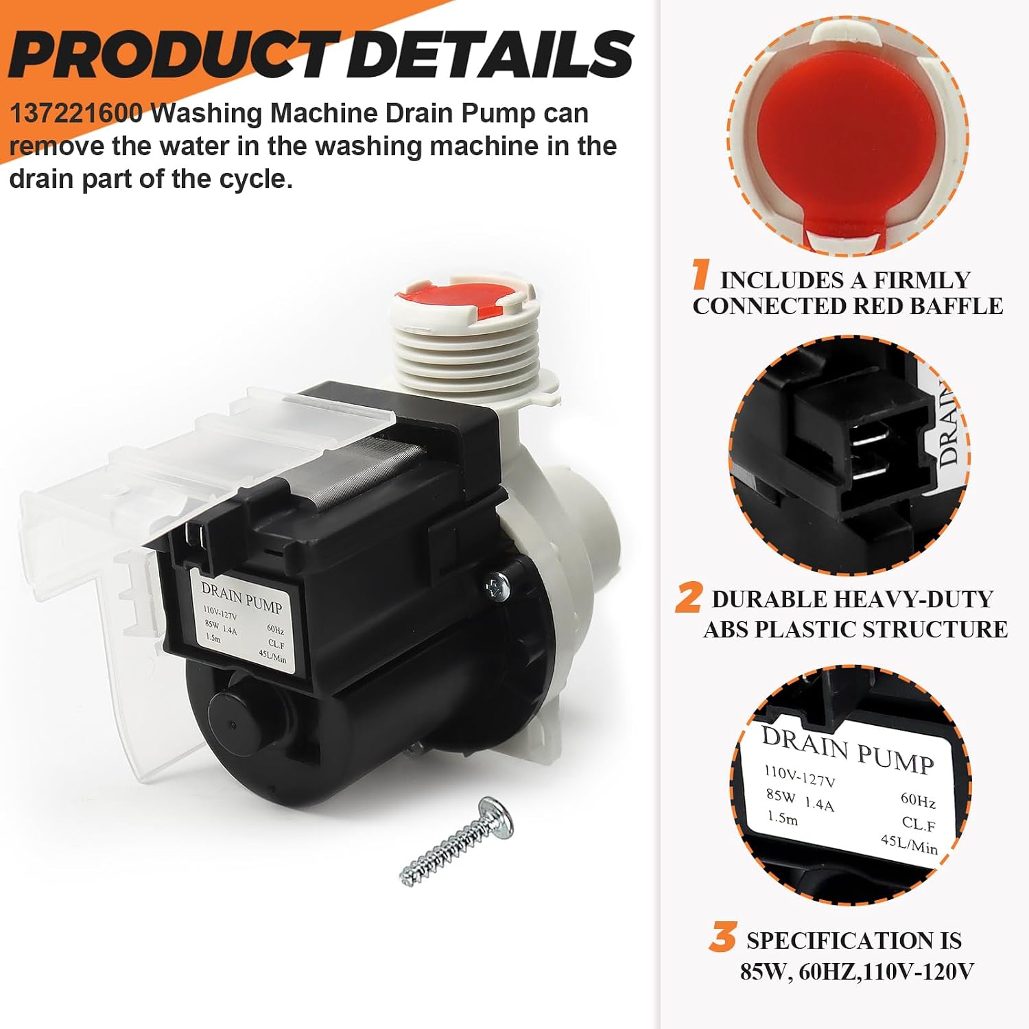 137221600 137108100 134051200 Washer Drain Pump by Beaquicy(365 DAYS WARRANTY) - Replaces 134740500 134740800 137151800 PS7783938 AP5684706