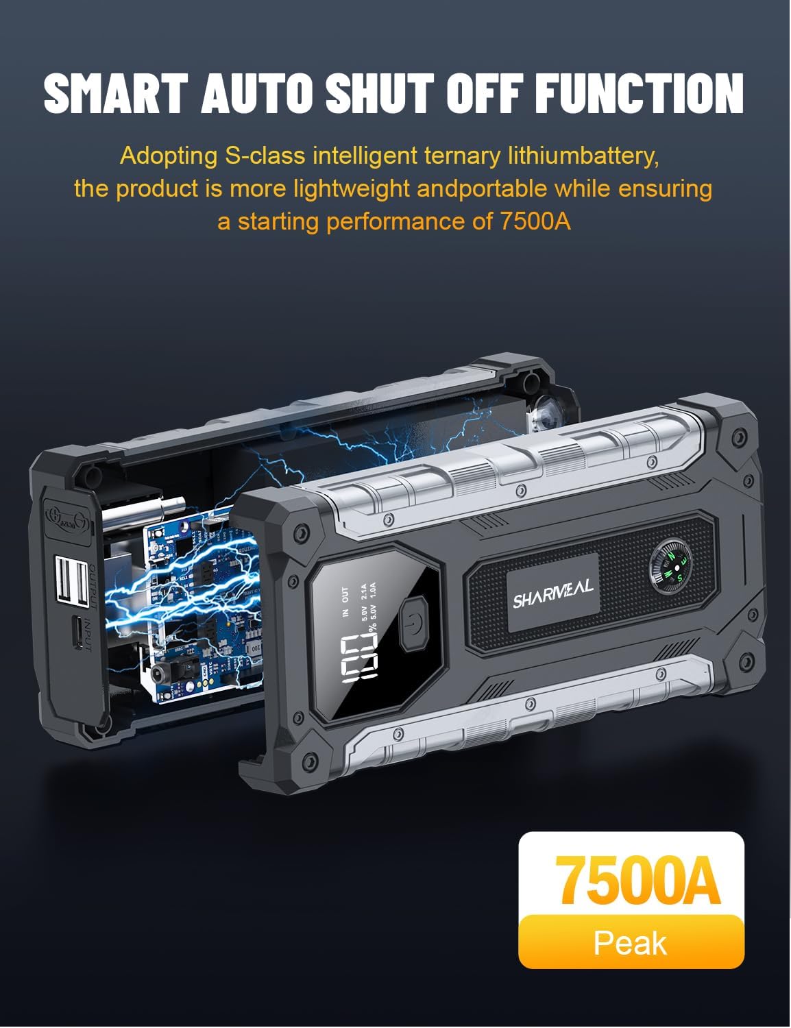 Sharmeal Car Battery Jump Starter 7000A, Jump Starter Battery Pack for All Gas and 12.0L Diesel, 12V Portable Jump Box with LED Light