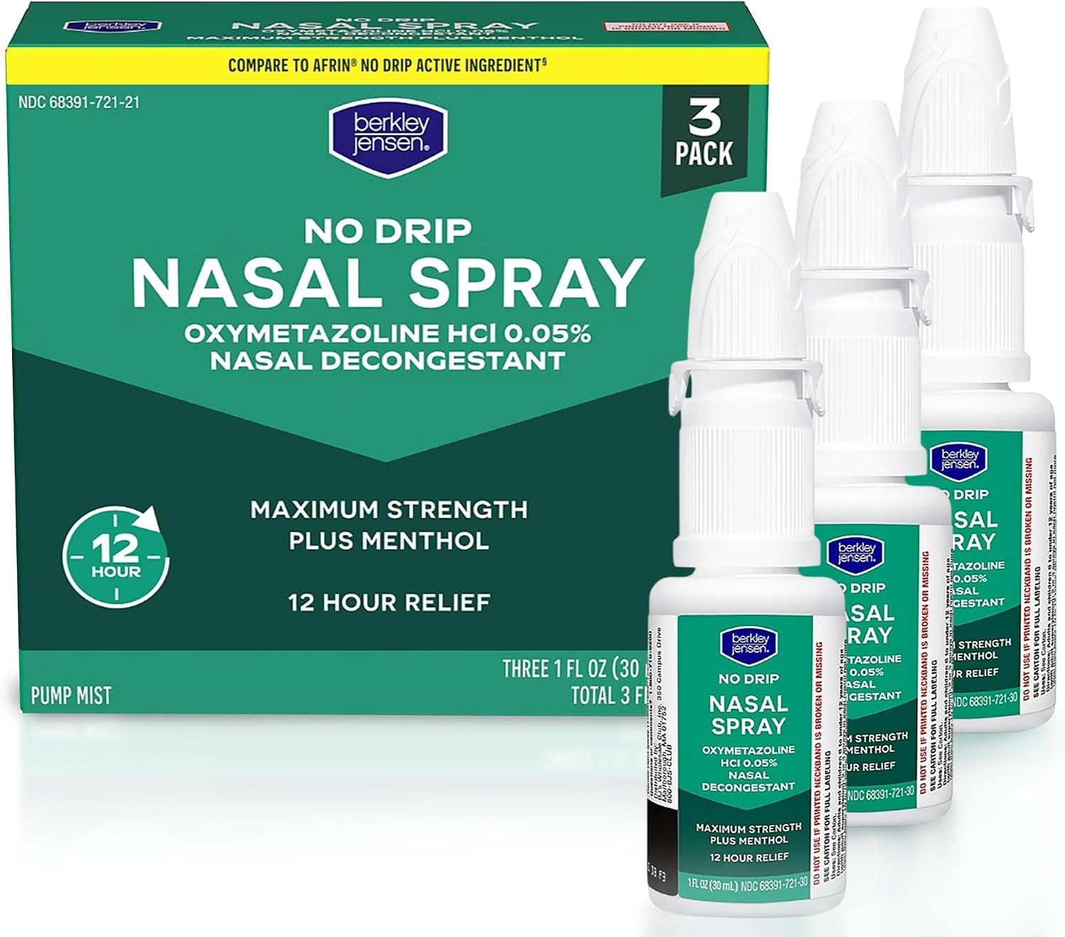 Berkley Jensen No Drip Severe Congestion Nasal Spray - Maximum Strength Decongestant with Oxymetazoline HCl & Menthol - Pump Mist Applicator, No Steroid, 12 Hour Relief, 1 Fluid Ounce (Pack of 3)