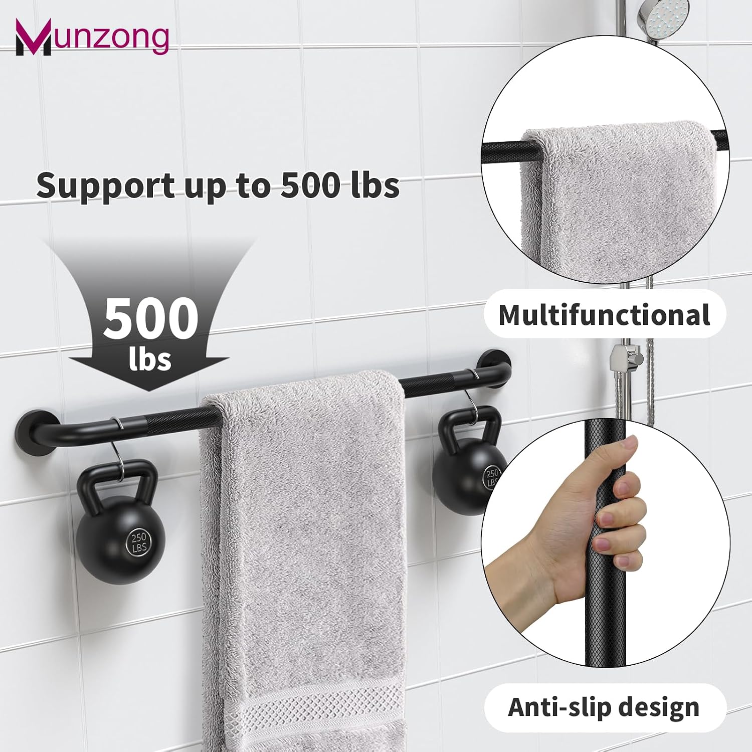 Munzong 3 Pack Commercial Handicap Grab Bars 18" 36" 42" Brushed Nickel | Bathroom Grab Bar for Shower 1.25" Diameter Anti Slip Bathroom Balance Bar Safety Hand Rail for Elderly Injury Senior