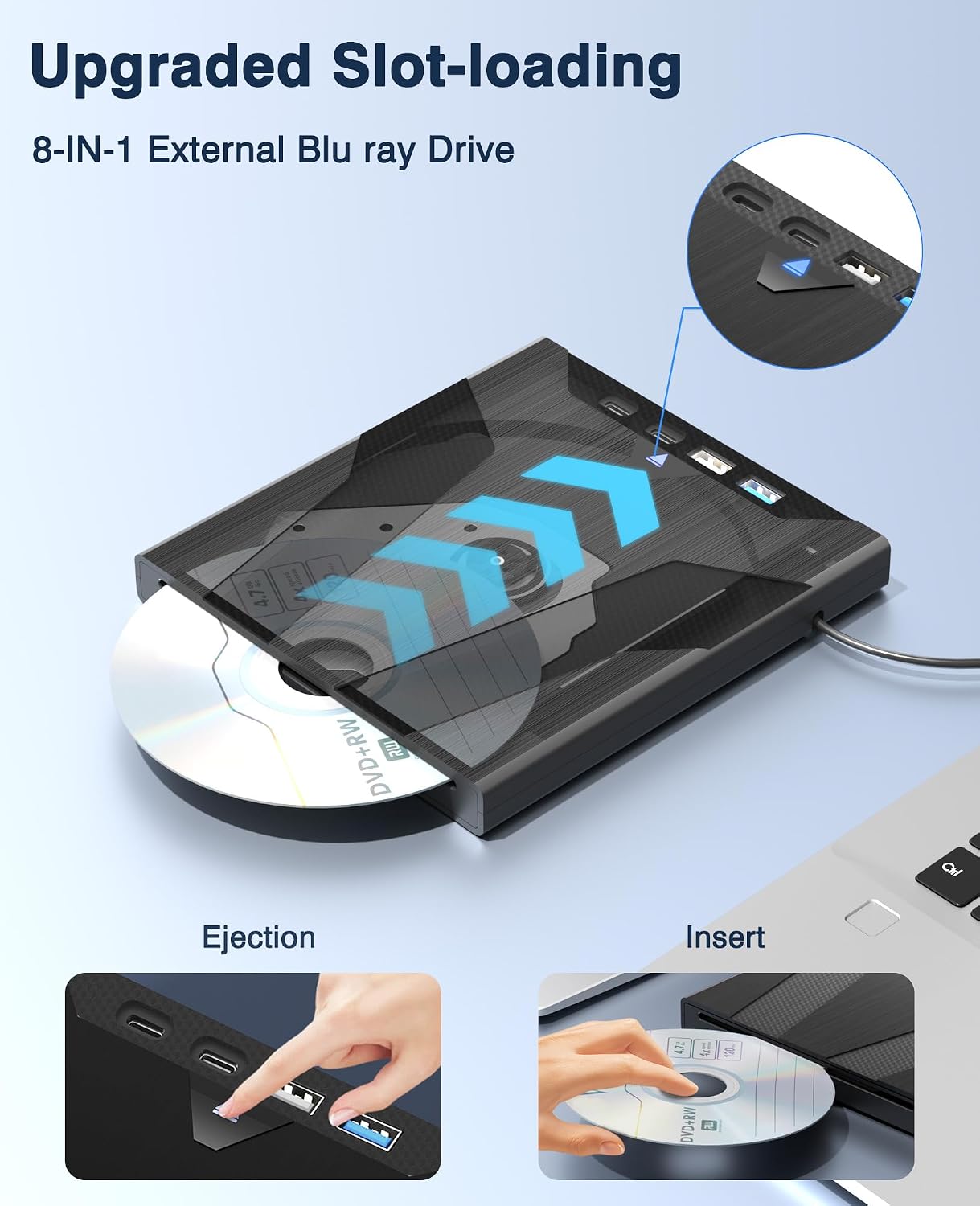 8-in-1 External Blu-ray Drive, BD Reader DVD CD Burner for Mac PC | Black 5Gbps USB3.0 Type-C, SD TF Reader, 8-in-1 BD Optical Drive
