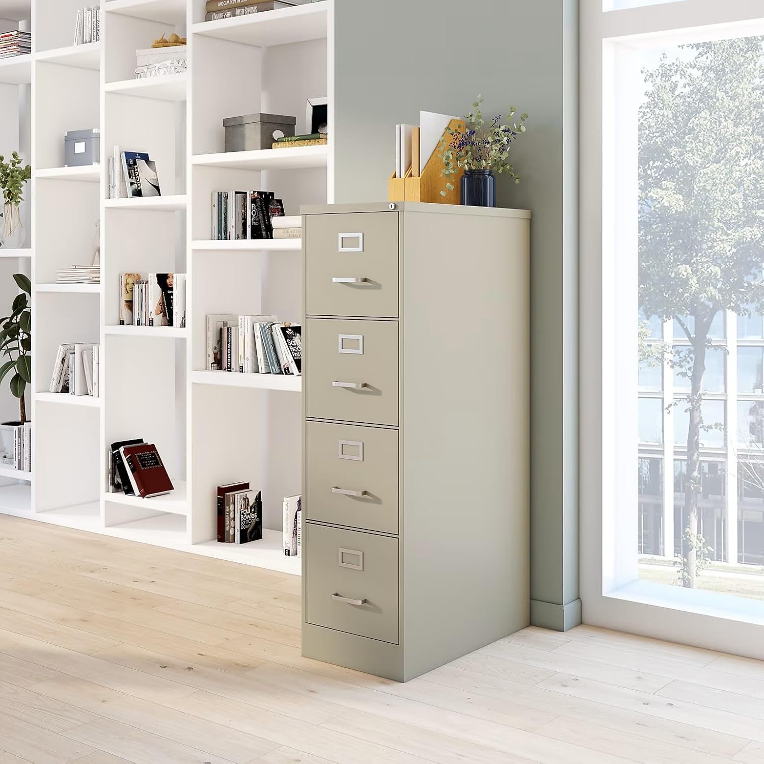 Staples 4-Drawer Vertical File Cabinet, Letter Size Documents, Lockable, 26.5" D x 15" W x 51.97" H, Putty/Beige