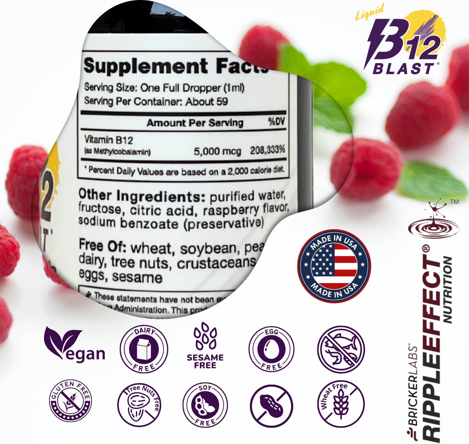 Bricker Labs B12 Blast Methylcobalamin 1000mcg, Great Tasting Sublingual Liquid Energy Vitamins -Vegan B12 Vitamins, Sustained Energy and Cellular Energy Supplement - 59-Day Servings