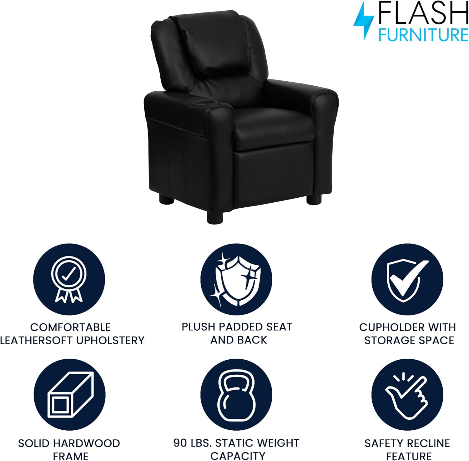Flash Furniture Vana LeatherSoft Kids Recliner with Cup Holder, Headrest, and Safety Recline, Contemporary Reclining Chair for Kids, Supports up to 90 lbs., Brown | Manual Recline, Padded Seat and Back, Child-Friendly Design, Safety Recline Feature