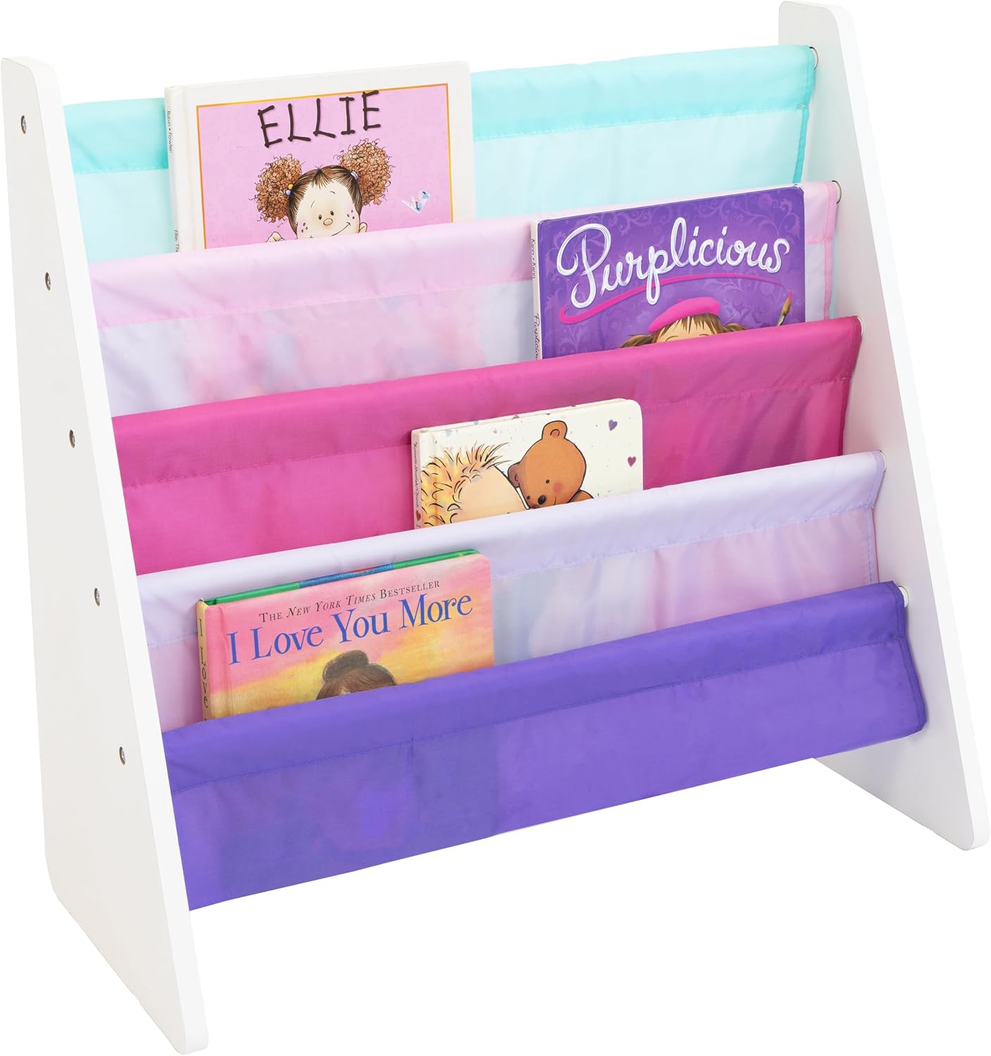Humble Crew Kids Bookshelf, Montessori Front Facing Toddler Bookcase 4 Tier | Book display rack and reading nook organizer, nylon pockets show covers face out, compact for any playroom or bedroom space