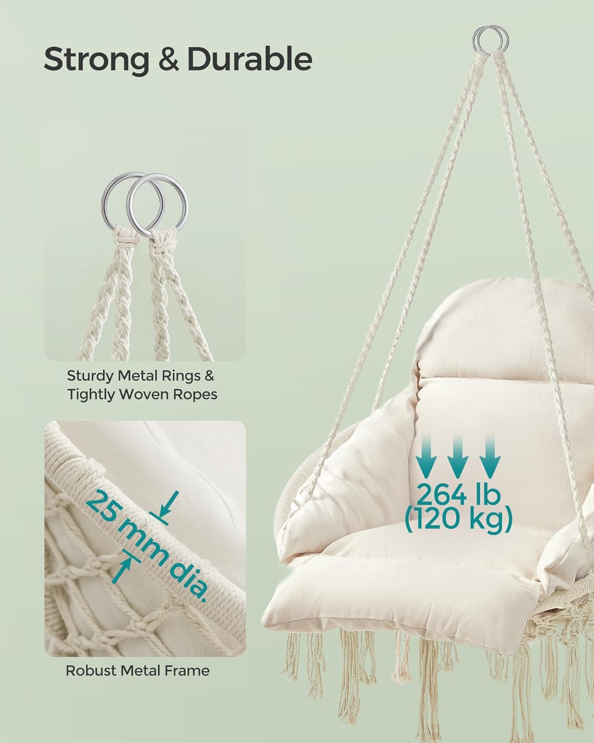 SONGMICS Hanging Chair, Boho Swing Chair with Large, Thick Cushion